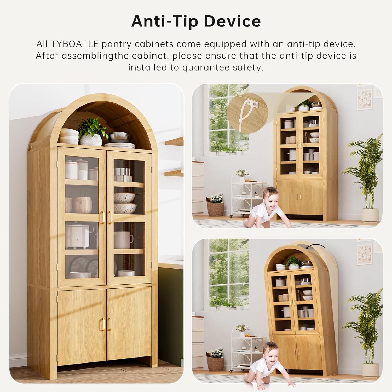 71" Tall Arched Kitchen Pantry Cabinet, Modern Farmhouse Wood Kitchens Storage Cabinets, Cupboard for Dining Room, Kitchen, Bathroom, Natural