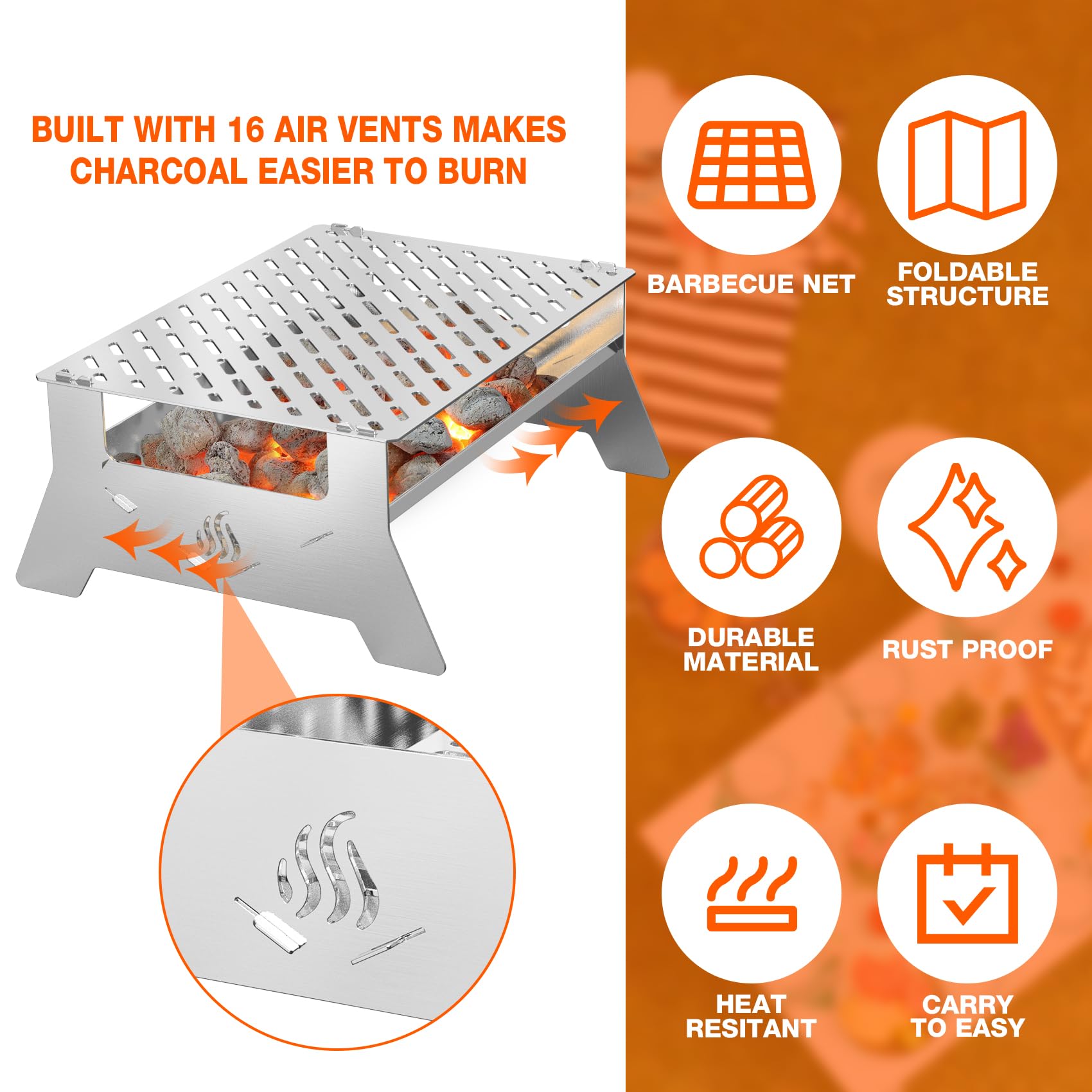 Onlyfire Barbecue à charbon portable en acier inoxydable très résistant | Barbecue pliable, sac de transport et pince de barbecue, pour terrasse, jardin, camping, pique-nique et randonnée