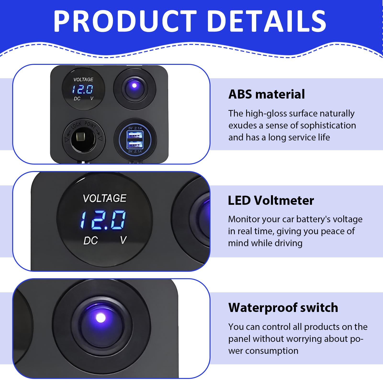 4 in 1 Pannello Caricabatteria da Auto USB 12V per Barca e Camper, Presa Marine Interruttore Pannello con Accendisigari da 240 W, Doppie Porte USB, Voltmetro a Led Blu E Interruttore a Bilanciere