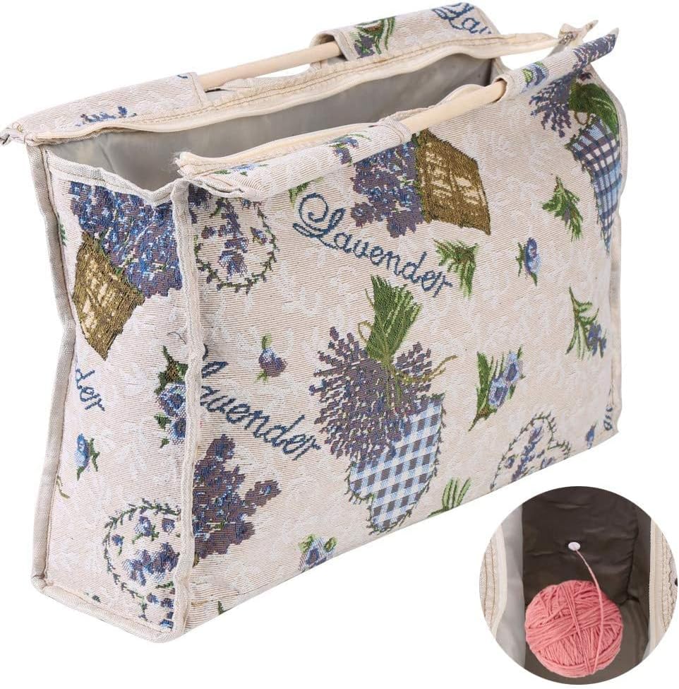 Miniatura 9 de GOTOTOP Bolsa organizadora de hilo para tejer, bolsa de almacenamiento para agujas de tejer, bolsa de almacenamiento de tela tejida con mango de