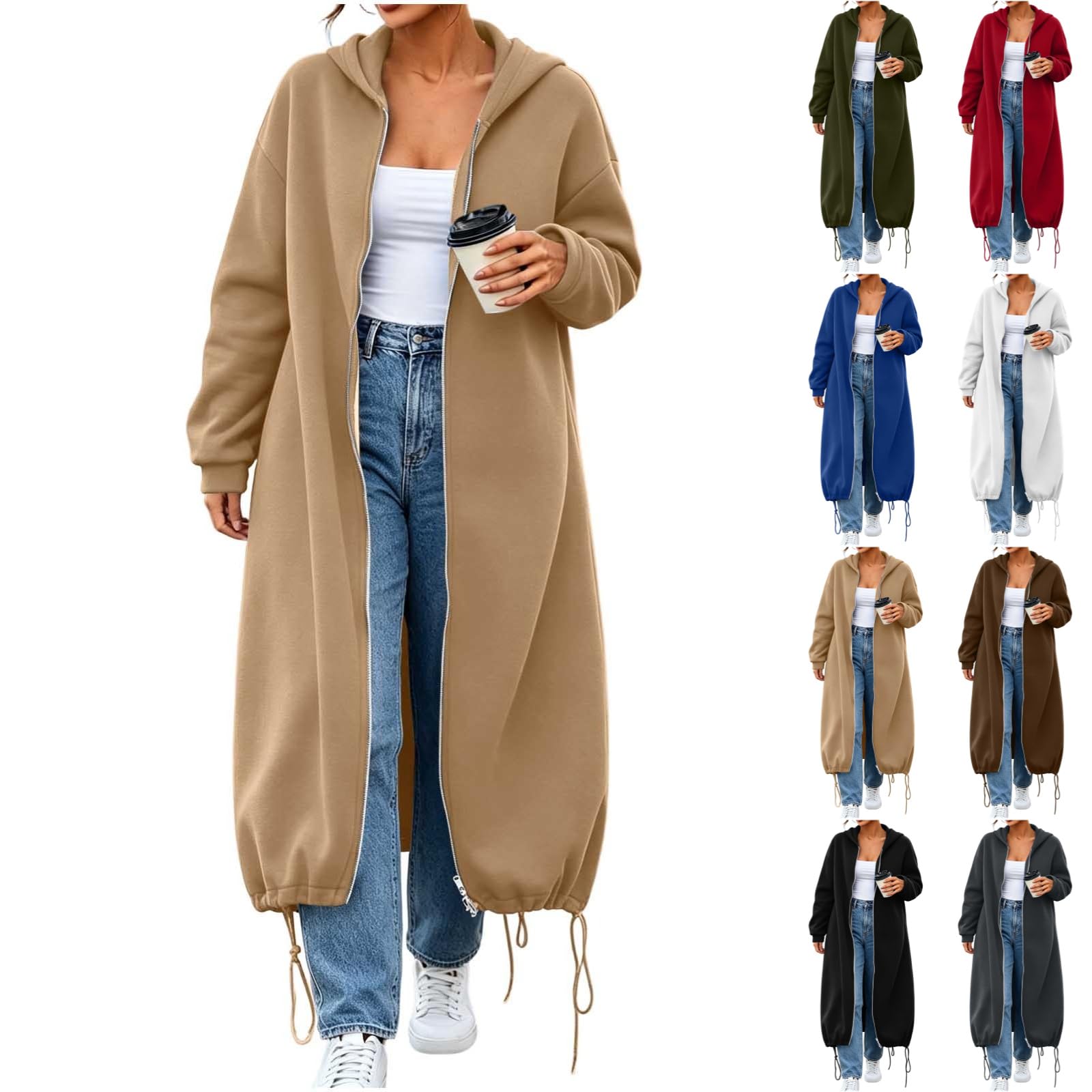Sweatjacke Damen Lang,Langarm Hoodie Jacke Kapuzenjacke mit Kordelzug Taillen Reißverschluss Sweatshirt Jacke Leichte Pulli Sweatjacke Sweatshirts Kapuzenpullover Streetwear Strickjacke mit Taschen