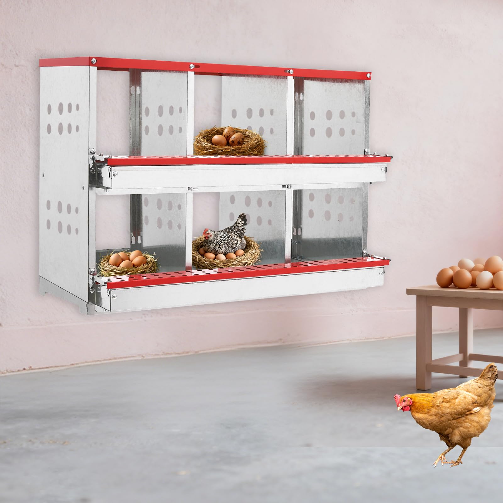 Nido para pollos, 6 compartimentos, nido galvanizado con nido de huevo y bandeja automática de huevos, aireado e inoxidable, nido de 2 niveles para gallinero, accesorios para gallinas ponedoras