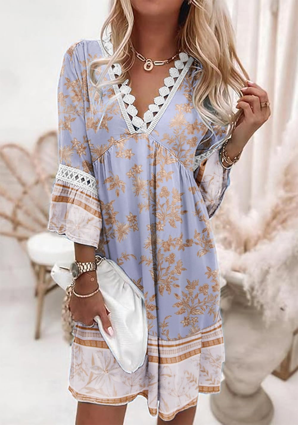 YUTILA Damen Bohemian Strandkleid V-Ausschnitt 3/4 Arm Blumenmuster Mini Tunika Kleid Vintage Ethnostil Sommerkleider 100% Viscose
