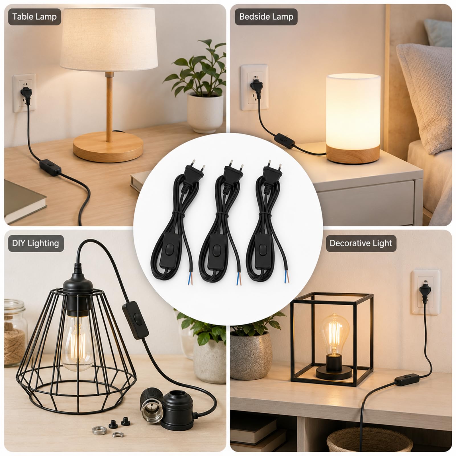 3 Stück Kabel mit Schalter und Stecker, Lampenkabel mit Schalter 1,8 m, Stromkabel Verlängerung für Lampen, Tischlampen Stehlampen Innenbereich PVC-Mantel Kupferkern 220V 100W Ein/Aus, DIY Beleuchtung