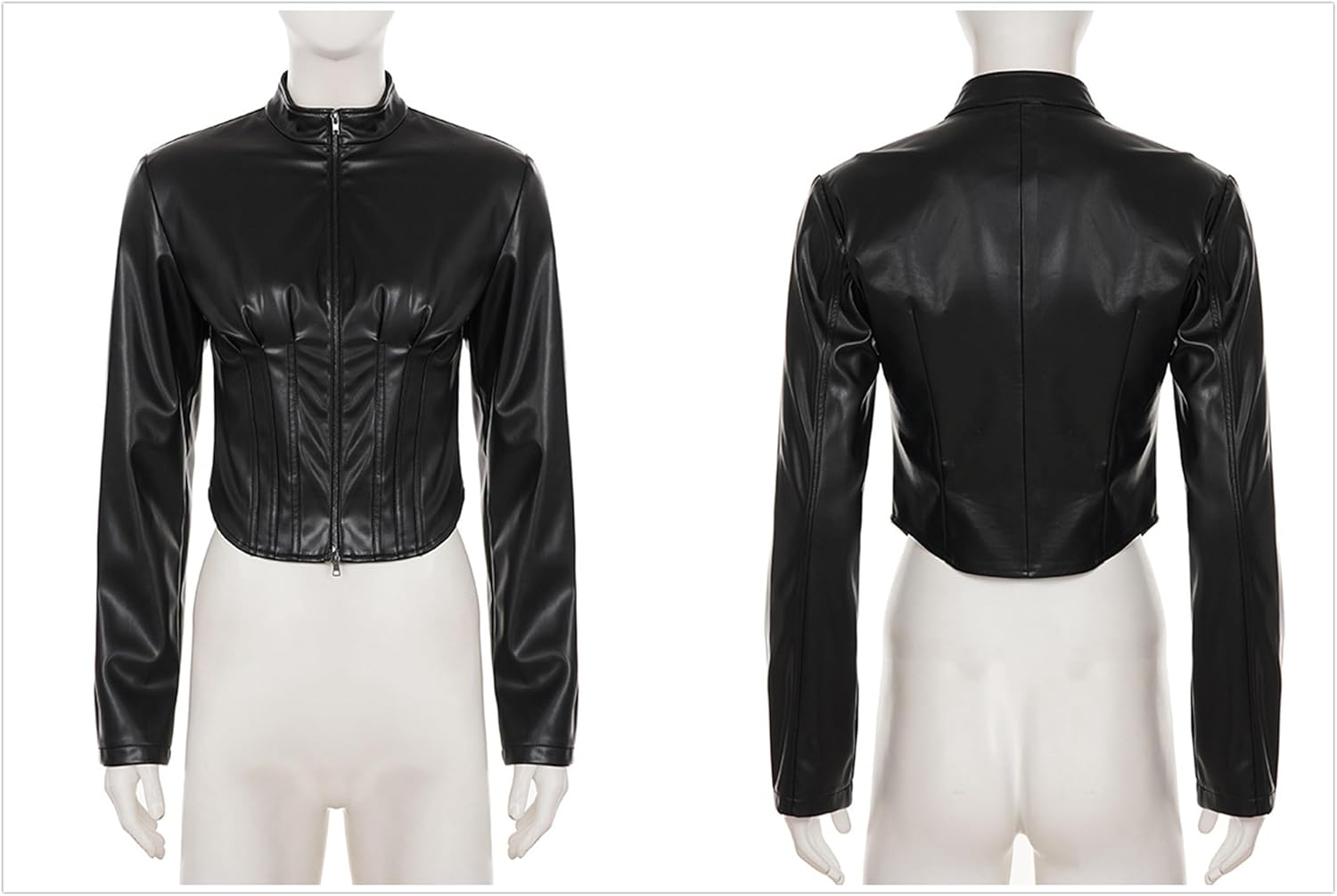 Women Rave Leather Long Sleeve Crop Jacket - Goth Zip up Mock Neck Trendy Motorcycle Going Out - Image 6