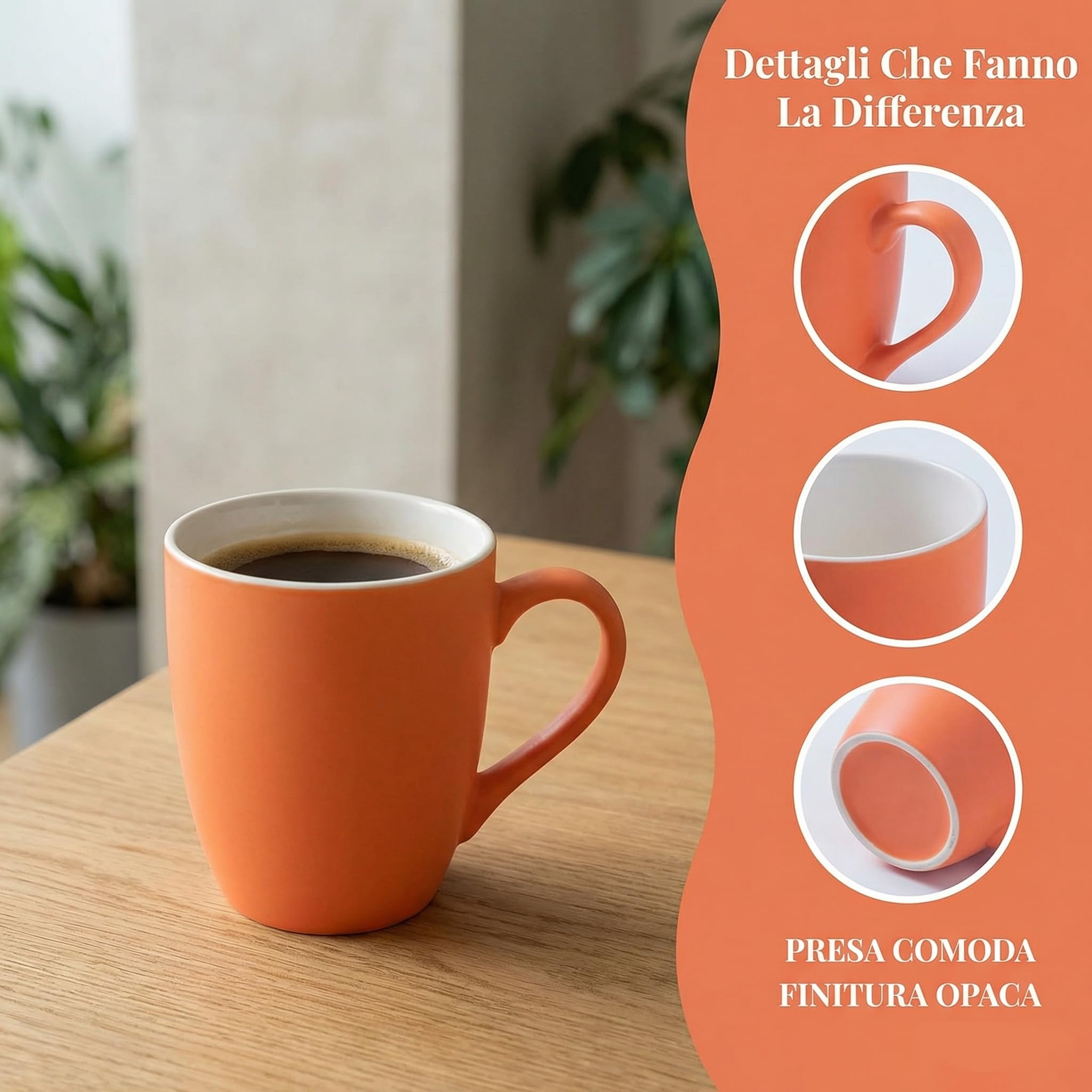 Kaffeebecher-Set, 340 ml, Keramik, Kaffeetassen mit Griff, für Männer und Frauen, für Kaffee, Tee, Cappuccino, Kakao, Müsli (Orange)