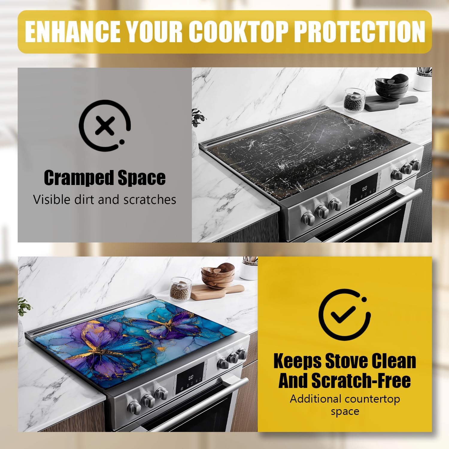 Purple Marble Butterfly Electric Stove Top Cover Protector,Glass Top Gas Stove Pad Heat Resistant Range Cooktop Mat for Kitchen 28"x20"