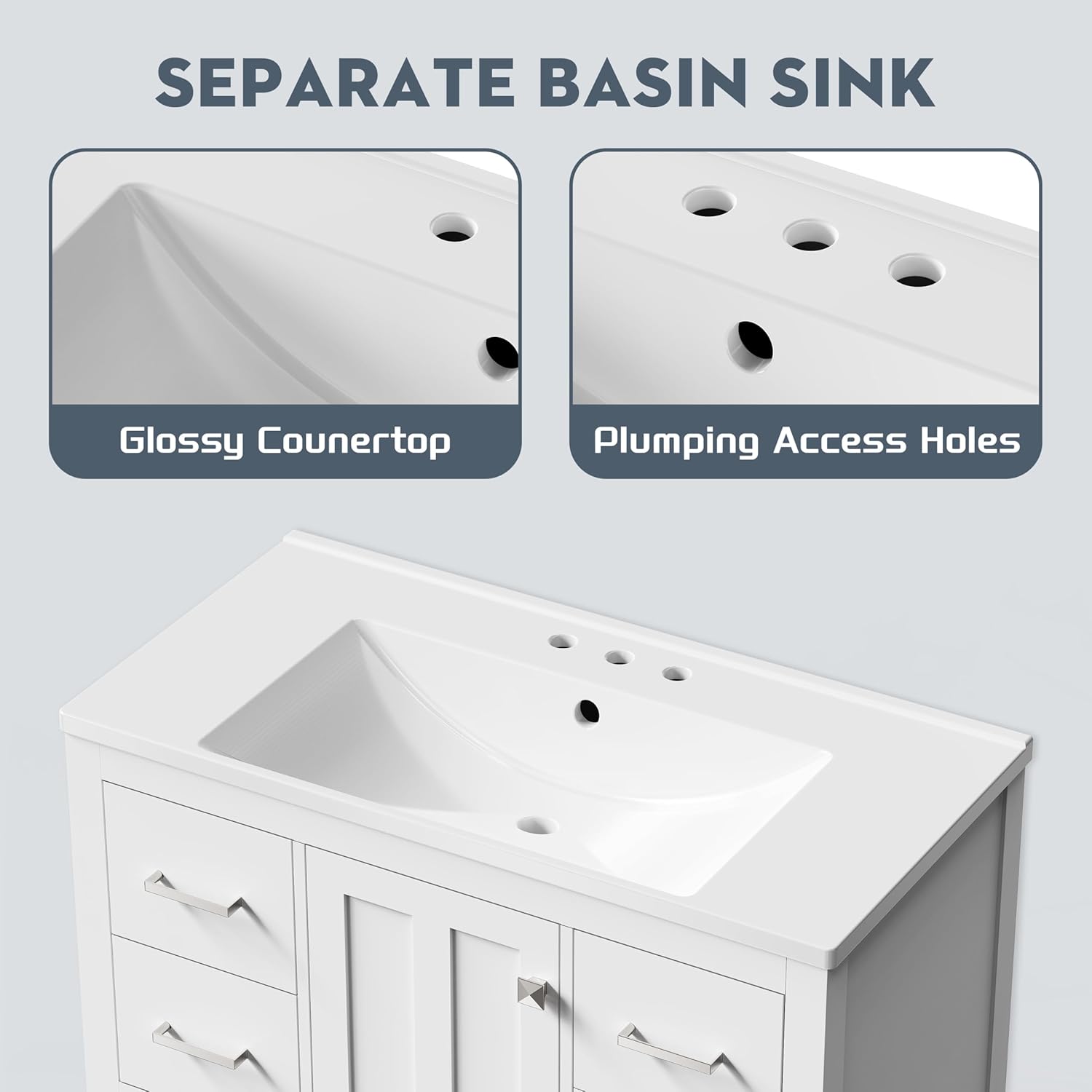 36'' Bathroom Vanity with Single Sink, Solid Wood Frame Modern Bathroom Storage Cabinet with 2 Power Outlets, 1 USB Port, 1 Tybe C Port, Bath Vanity Cabinet with 4 Drawers & Open Shelf, White