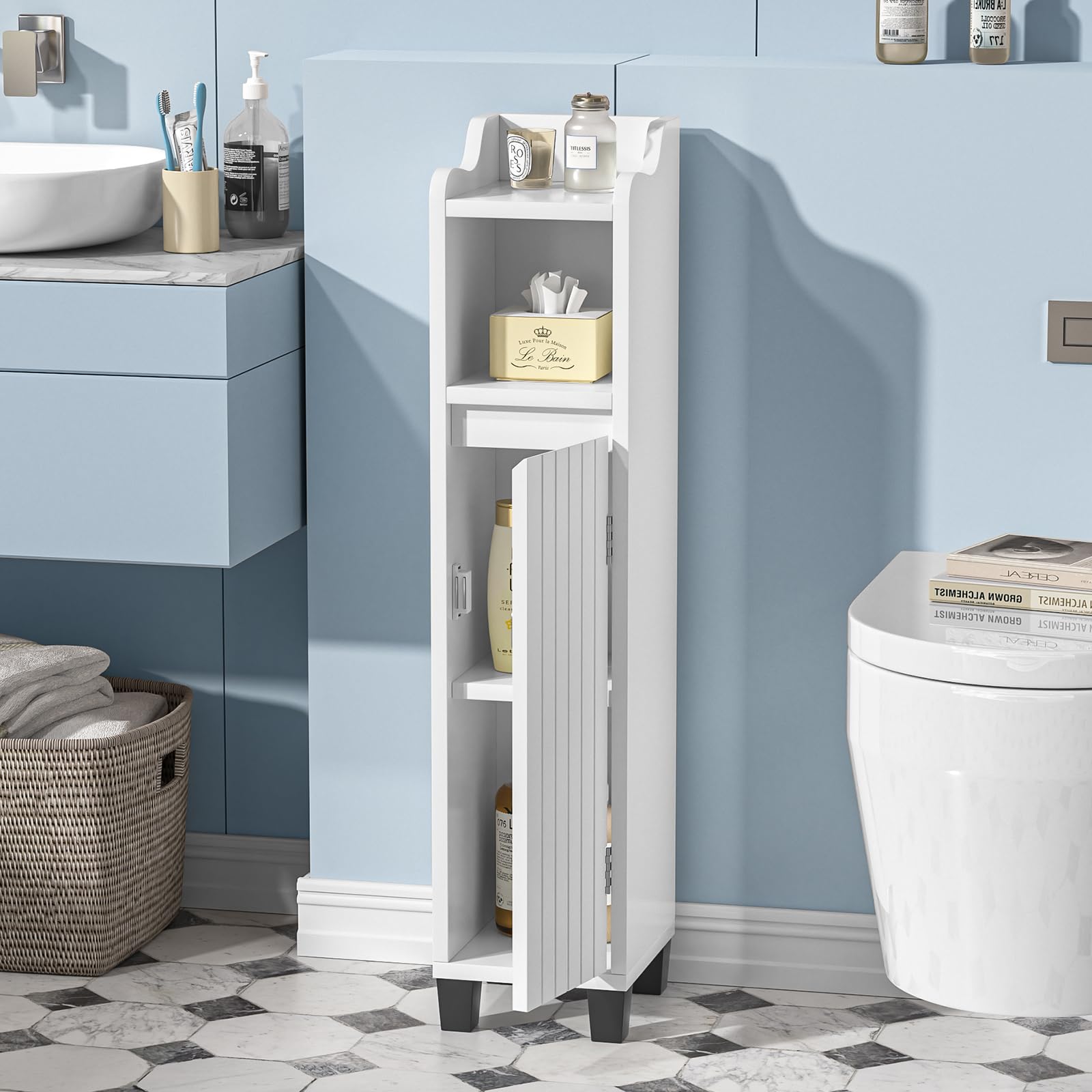 Armario Baño Pequeño y Estrecho, Mueble Auxiliar de Baño Madera, Estantes Ajustables, Cierre Magnético, Armario de Almacenamiento, Adecuado para Dormitorio, Cocina y Salón, Moderno, Blanco