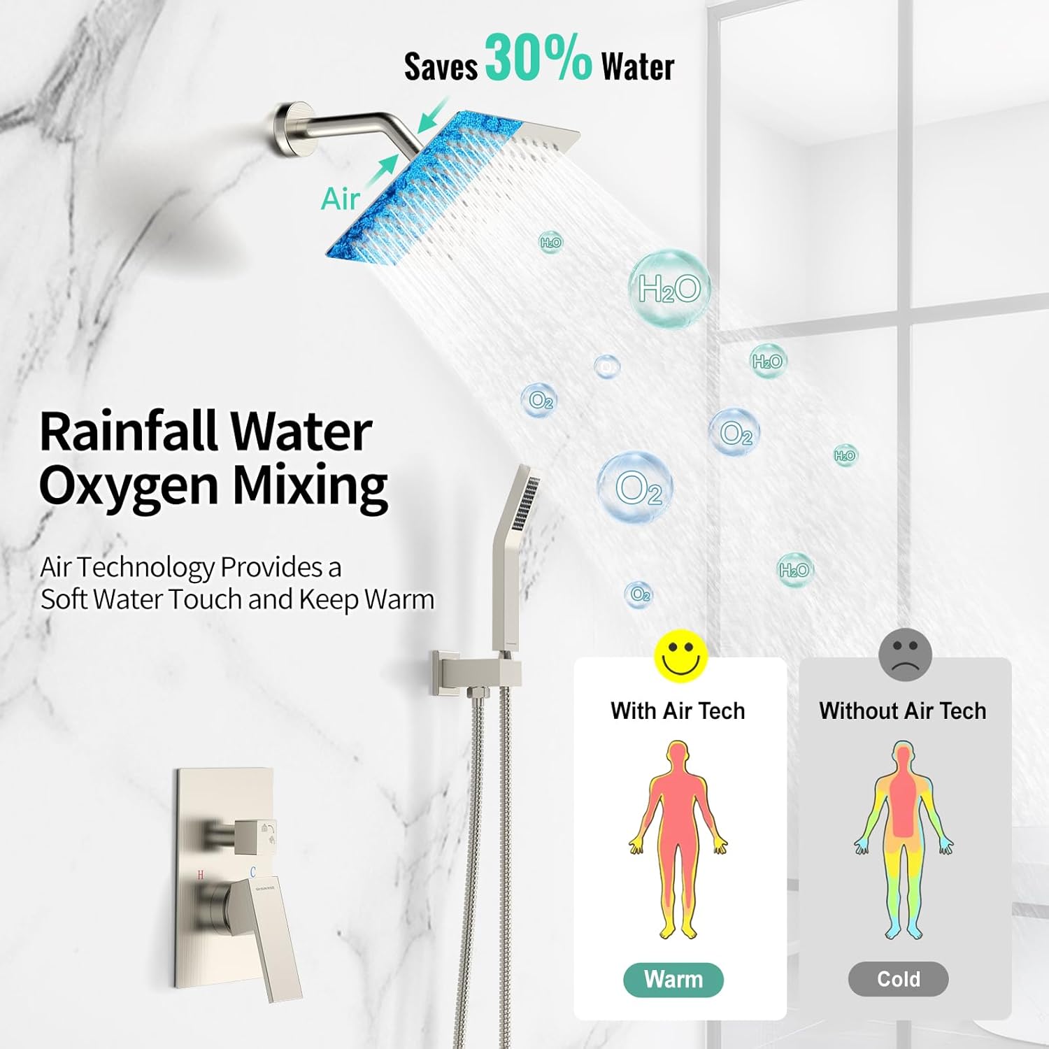 SR SUN RISE Shower Faucet Set - Shower Valve with 8 Inch Rainfall Shower Head and Handheld Shower - Wall Mounted Shower System with Rough In Valve and Shower Faucet Trim Repair Kits - Brushed Nickel