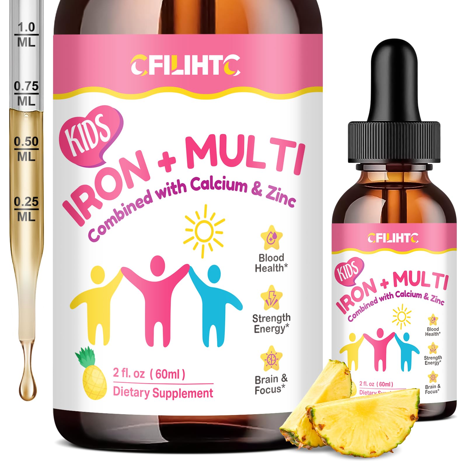 Liquid Iron Supplement for Kids, Women & Men - with Calcium, Zinc, Kids Multivitamin with Iron Drops - Blood Builder & Energy Support for Iron Deficiency, Anemia, Pineapple Flavor 2 Fl Oz Pineapple 2 Fl Oz (Pack of 1)