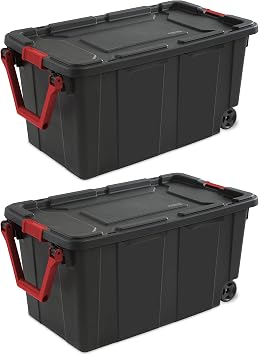 40 Gallon Wheeled Industrial Storage Tote with Latch Lid and Pull Handle, Blue, Heavy-Duty Plastic, 36.75x21.375x18 Inch, 2 Pack 2, Black