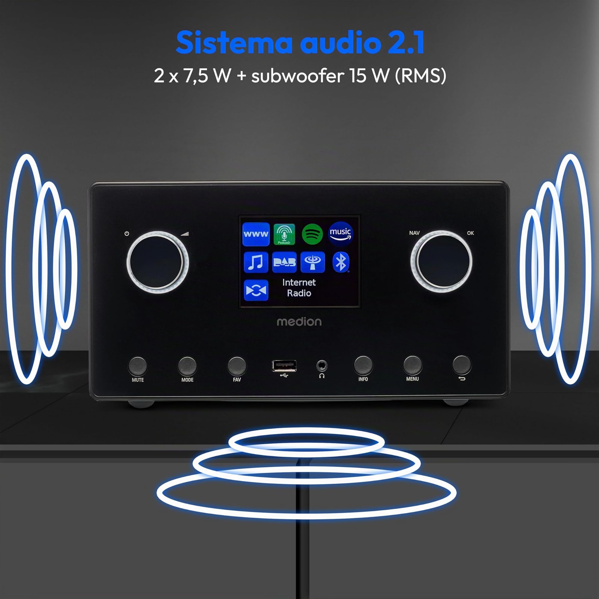 Medion P85444 2.1 Radio Internet z subwooferem DAB+ FM Spotify Connect WLAN Bluetooth