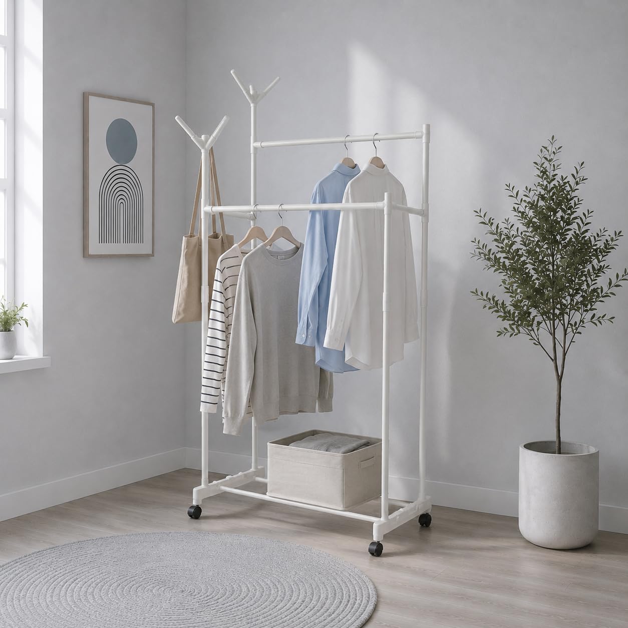 Kronmutou Double Garment Rack Adjustable Clothes Rail (White-130)