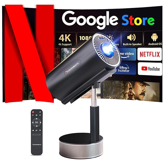 Crossbeats Lumex Pro Smart Projector 4k Ultra HD, Mini Projector for Room Native 1080P, Upto 14000 Lumens Android 13 Built-in Apps Netflix, Prime, Portable Design, Speaker WiFi 300" Wide Display Black