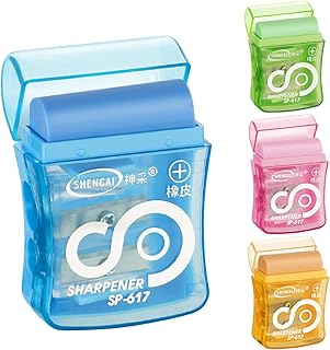 OFFCUP Pencil Sharpeners, 4pcs Double-Hole Pencil Sharpener with Container, Manual Pencil Sharpeners and Eraser with Lid for Kids Adults Students School Class Home Office (Random Color)