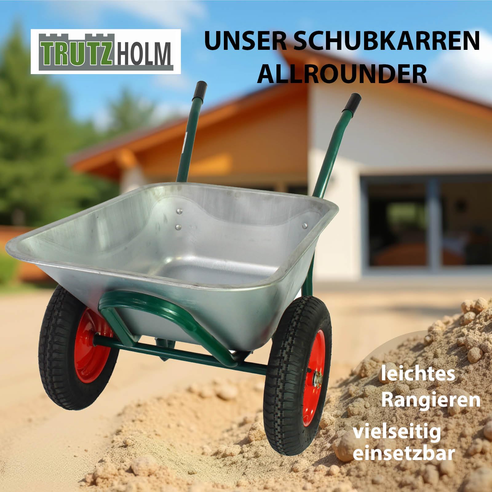 TRUTZHOLM Schubkarre 100 Liter 160 kg Tragkraft verzinkte Stahlwanne leichtlaufende Lufträder auf Stahlfelge Bauschubkarre Gartenschubkarre Schiebkarre 2 Rad Karre Wheelbarrow Silber
