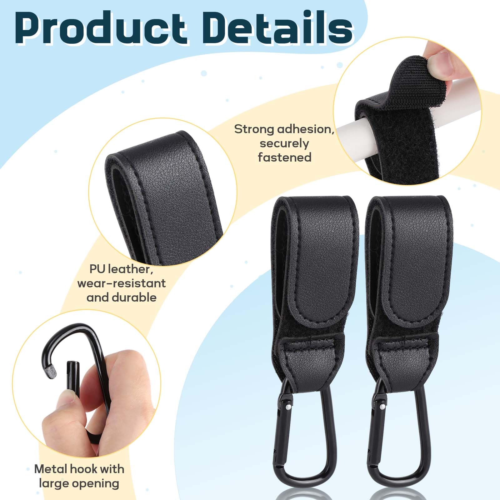 Kinderwagenhaken aus Leder, Universal-Karabiner, Klettverschluss, 4 Stück, schwarz