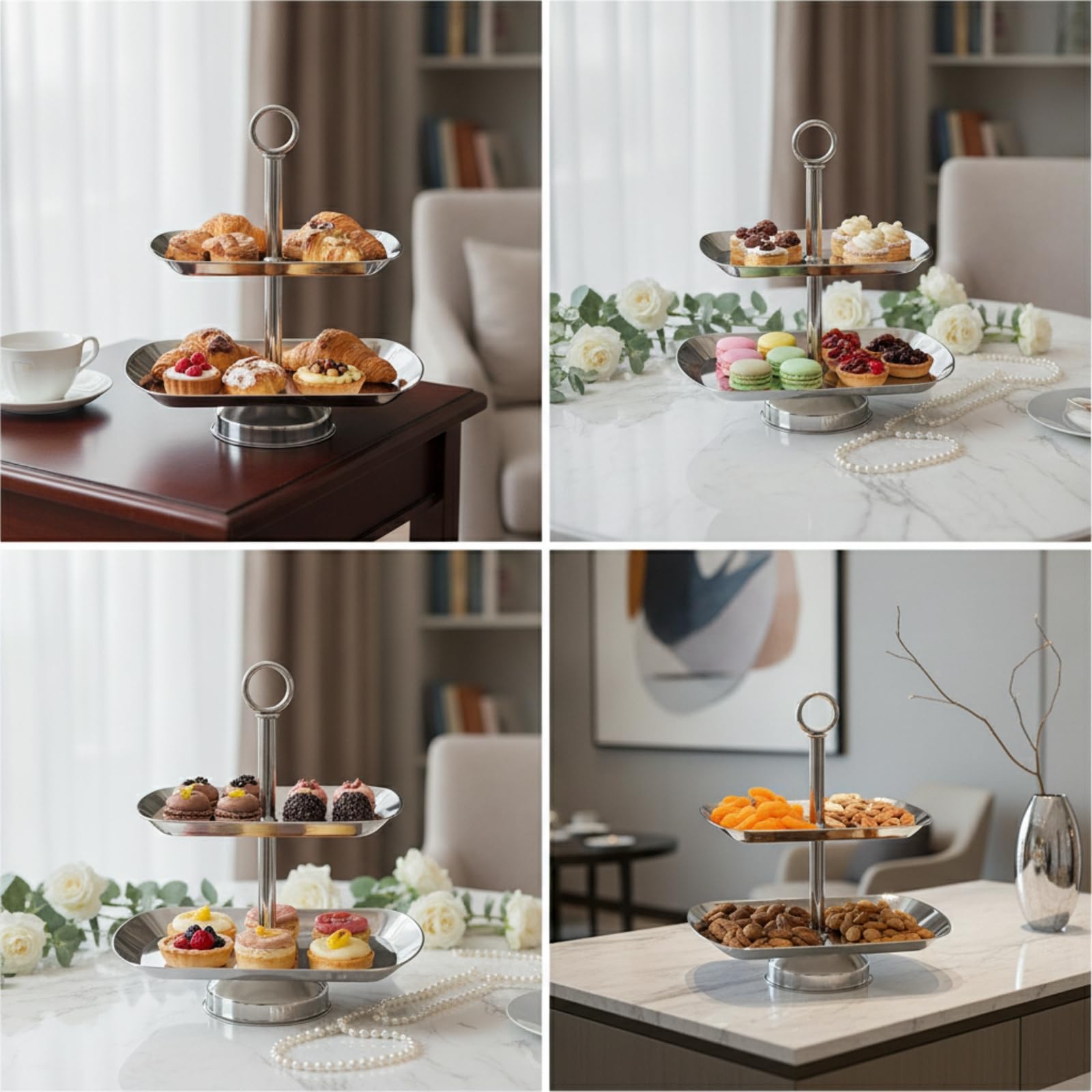 Banja Dos Pisos Plateado Dos Niveles Elegante Vajilla para Reposteros, Bufés , style to 2