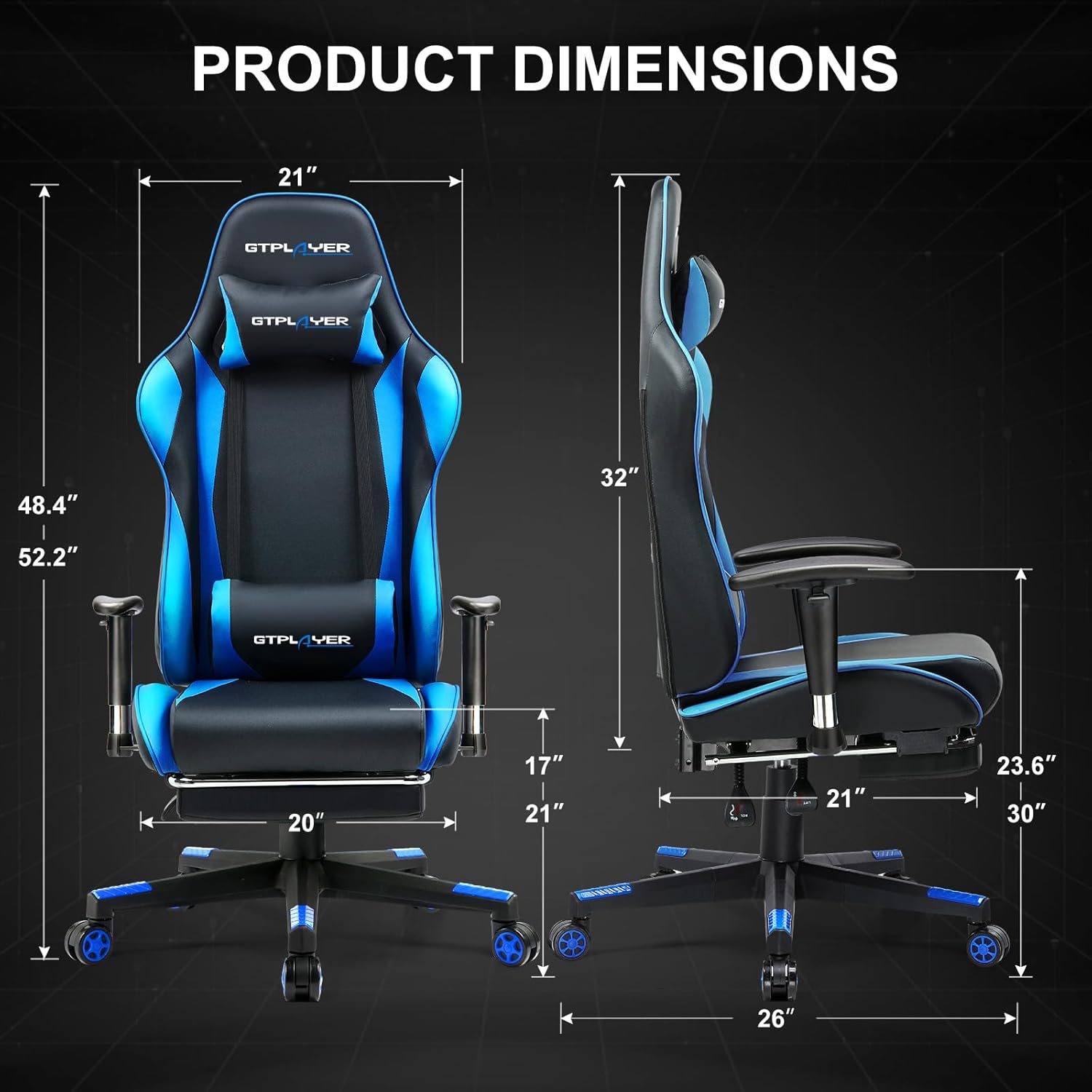 GTPLAYER Gaming Chair with Footrest, Ergonomic Computer Game Desk Chair, Recline Gaming Chair Seat Height Adjustment, Swivel Rocker with Headrest and Lumbar (Blue)