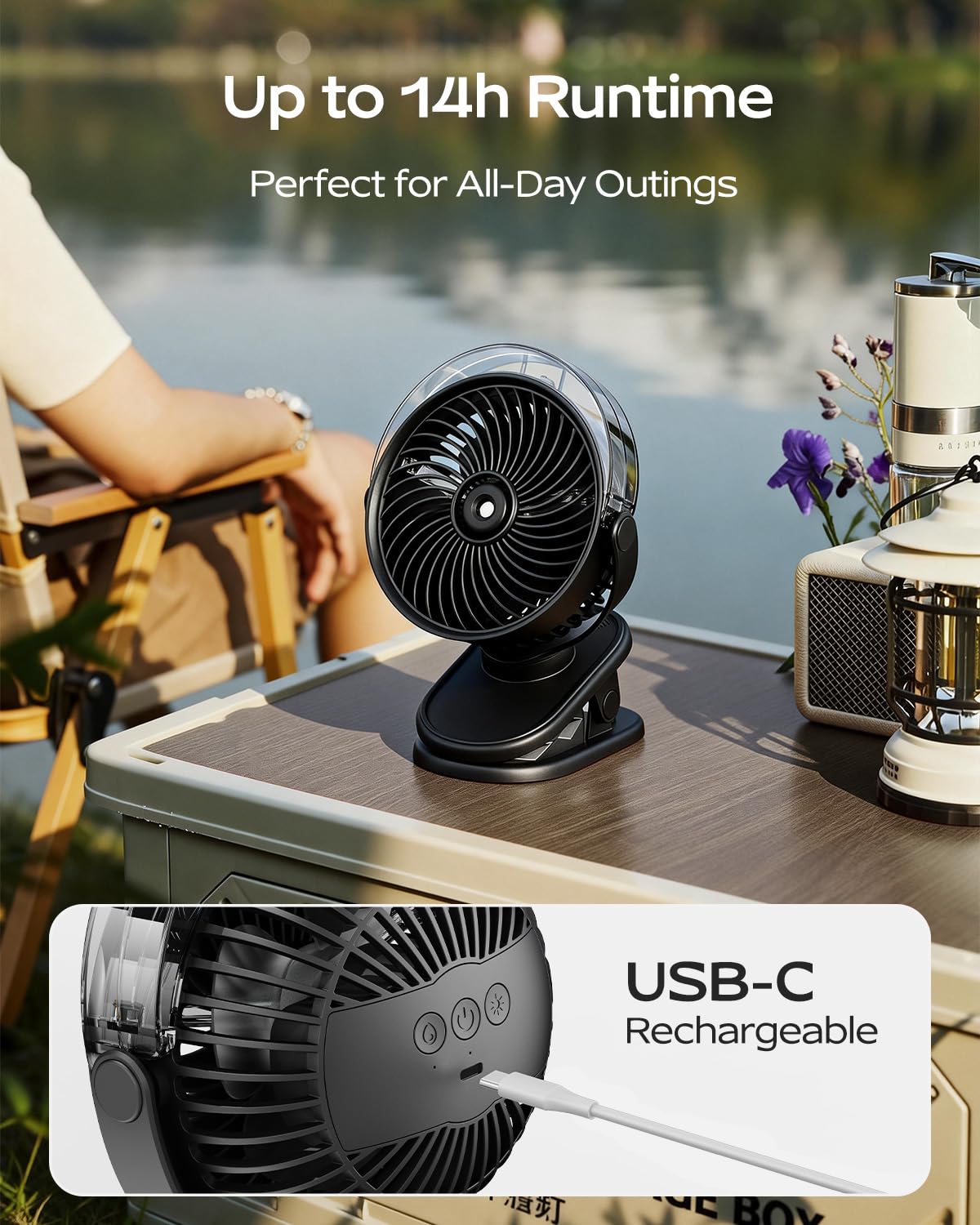 SWEETFULL Ventilateur brumisateur portable à clipser, rechargeable par USB-C, mini ventilateur de refroidissement personnel avec 4 vitesses, rotation à 360°, refroidissement silencieux pour extérieur