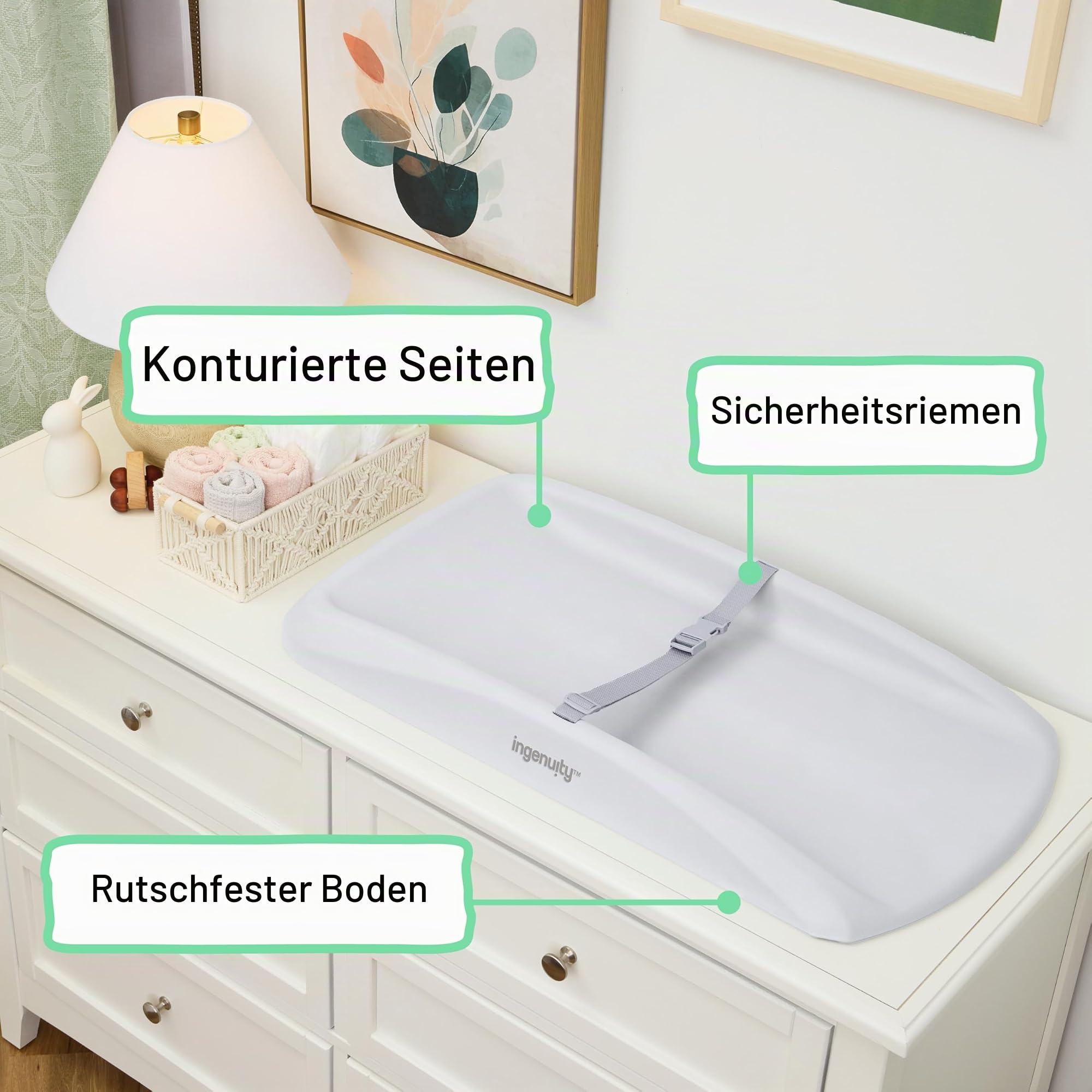 Ingenuity, Comfy Clean Wickelauflage, wasserdichter Eva-Schaum, leicht abwischbares Polster mit Sicherheitsgurt & Rutschfester Unterseite, passend für Standardtische 79 x 43 cm, ab Neugeborenen