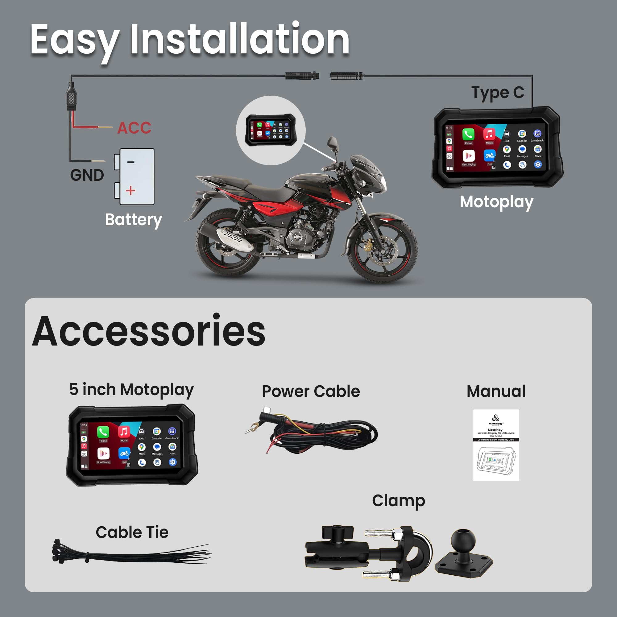 Autofy Motoplay 5 Inch Waterproof Bike Navigation Screen with Wireless CarPlay & Android Auto Quick Detachable Design, Android Auto Wireless Adapter — Amazon image 8