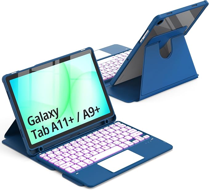 CACOE Funda con Teclado Giratorio 360° para Samsung Galaxy Tab A11 Plus/A9 Plus 11 Pulgadas 2025/2023 con Panel Táctil, Retroiluminación de 7 Colores, Teclado Inalámbrico Extraíble con Soporte, Azul