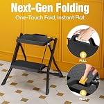 URACKIFY 2 Step Stool Foldable, Step Ladder with Non-Slip Rubber mat, Step Stool with Release Button, Lightweight Steel, Black, Capacity 330LBS.