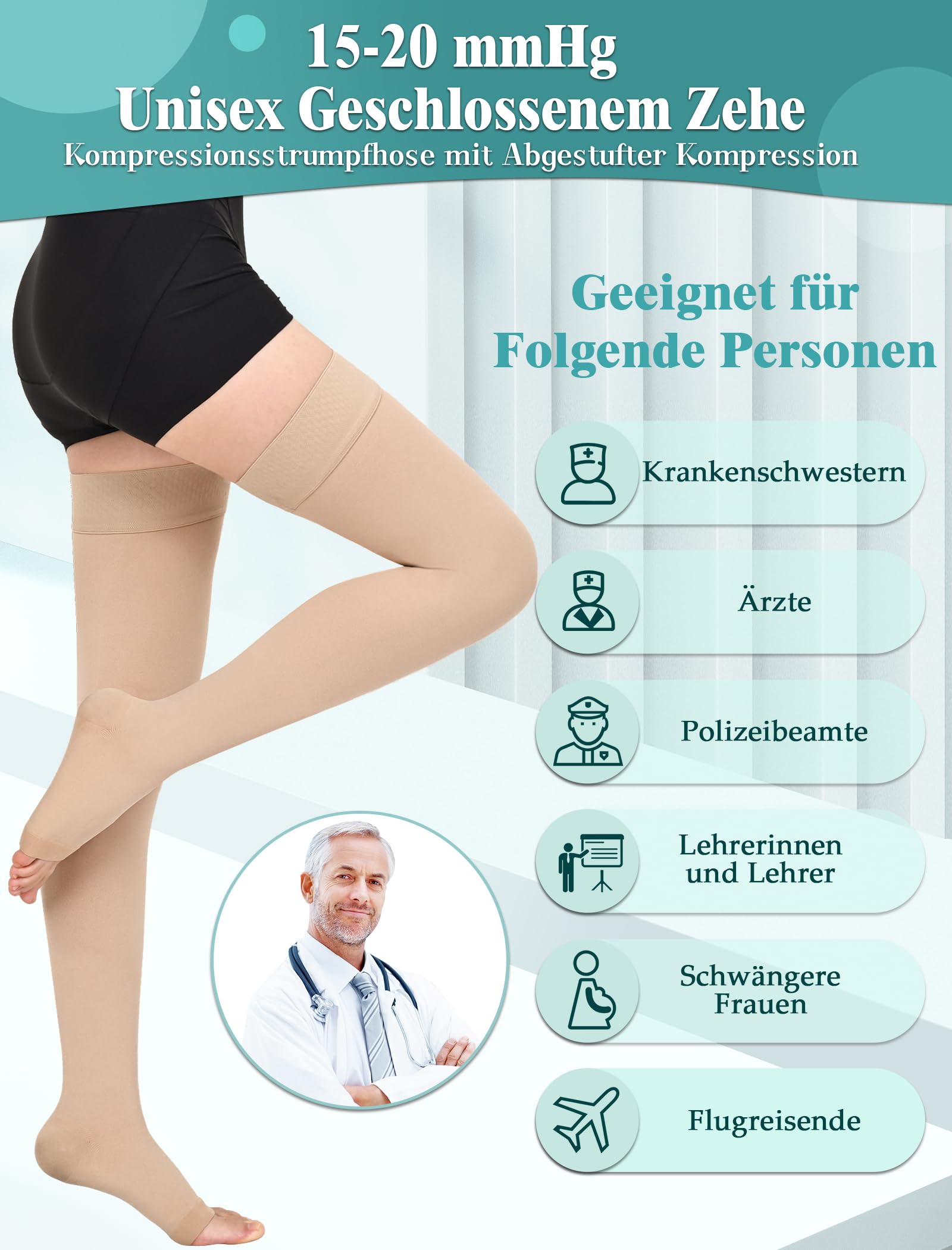 Medias de compresión médicas largas para mujer y hombre, clase 1, 15 – 20 mmHg, calcetines de trombosis para mujer, calcetines de compresión de vuelo, 2 pares de medias de apoyo para varices