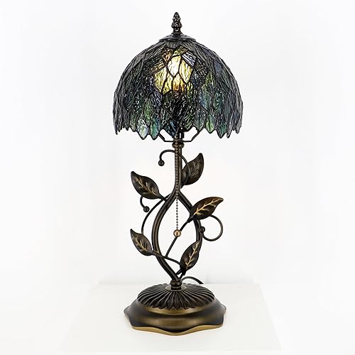 Miniatura 5 de Small Tiffany Lamp Multicolor Leafage Style Stained Glass Table Lamps Desk Bedside Reading Light 8X8X18 Inches with Bronze Metal Leaf Resin Base