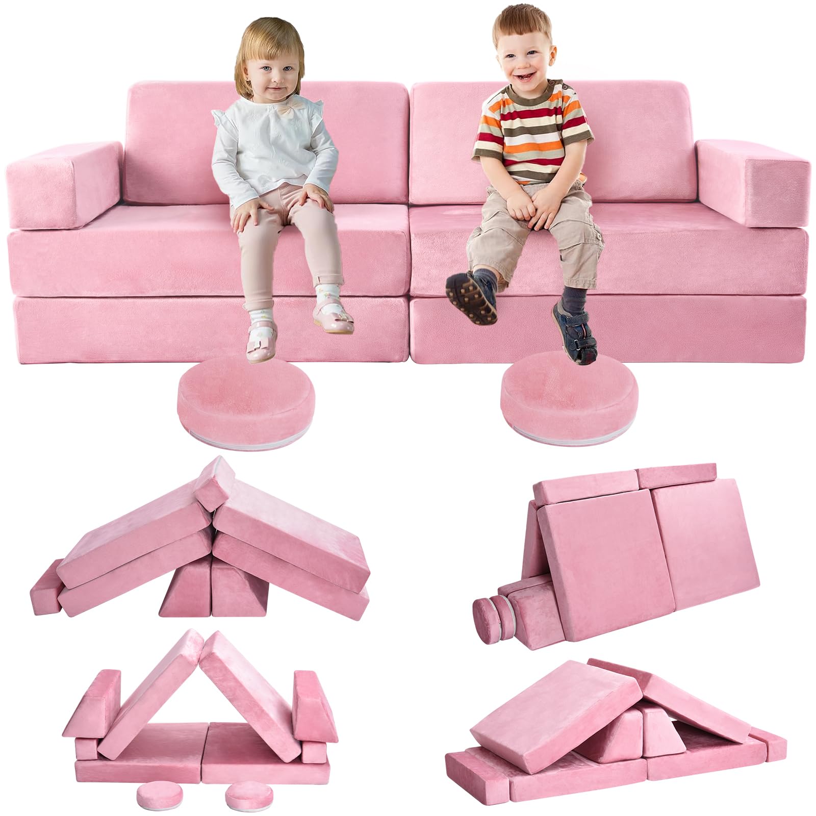 Mmucco Kids Play Couch,10Pcs Toddler Sofa for Playroom Bedroom, Modular for Playing, Creating, Sleeping (Pink)
