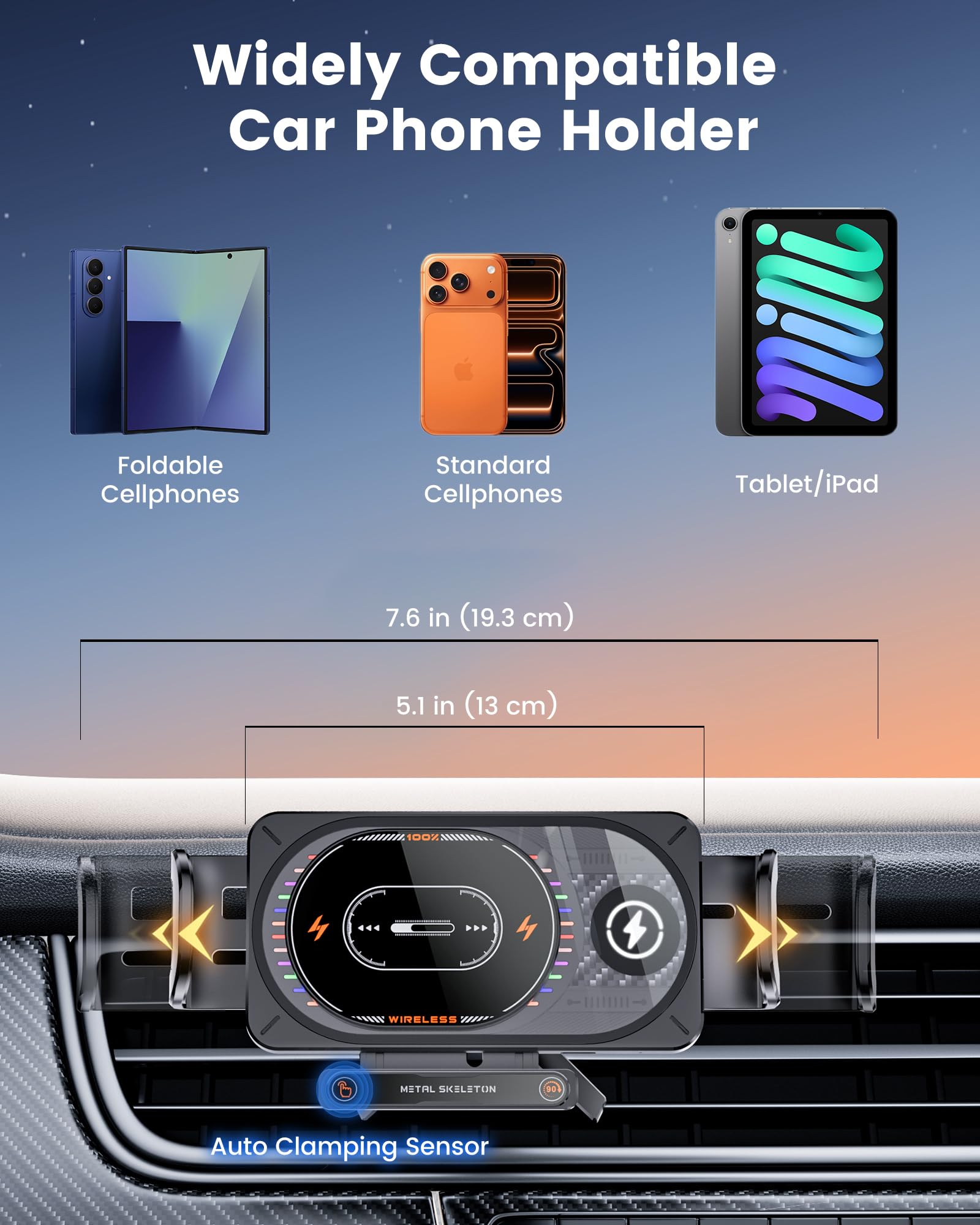 Supporto per caricabatterie da auto wireless a ricarica rapida da 15 W, Z Fold 7 con sensore automatico a luce LED, supporto per telefono per auto caricabatterie wireless per Samsung Galaxy Z