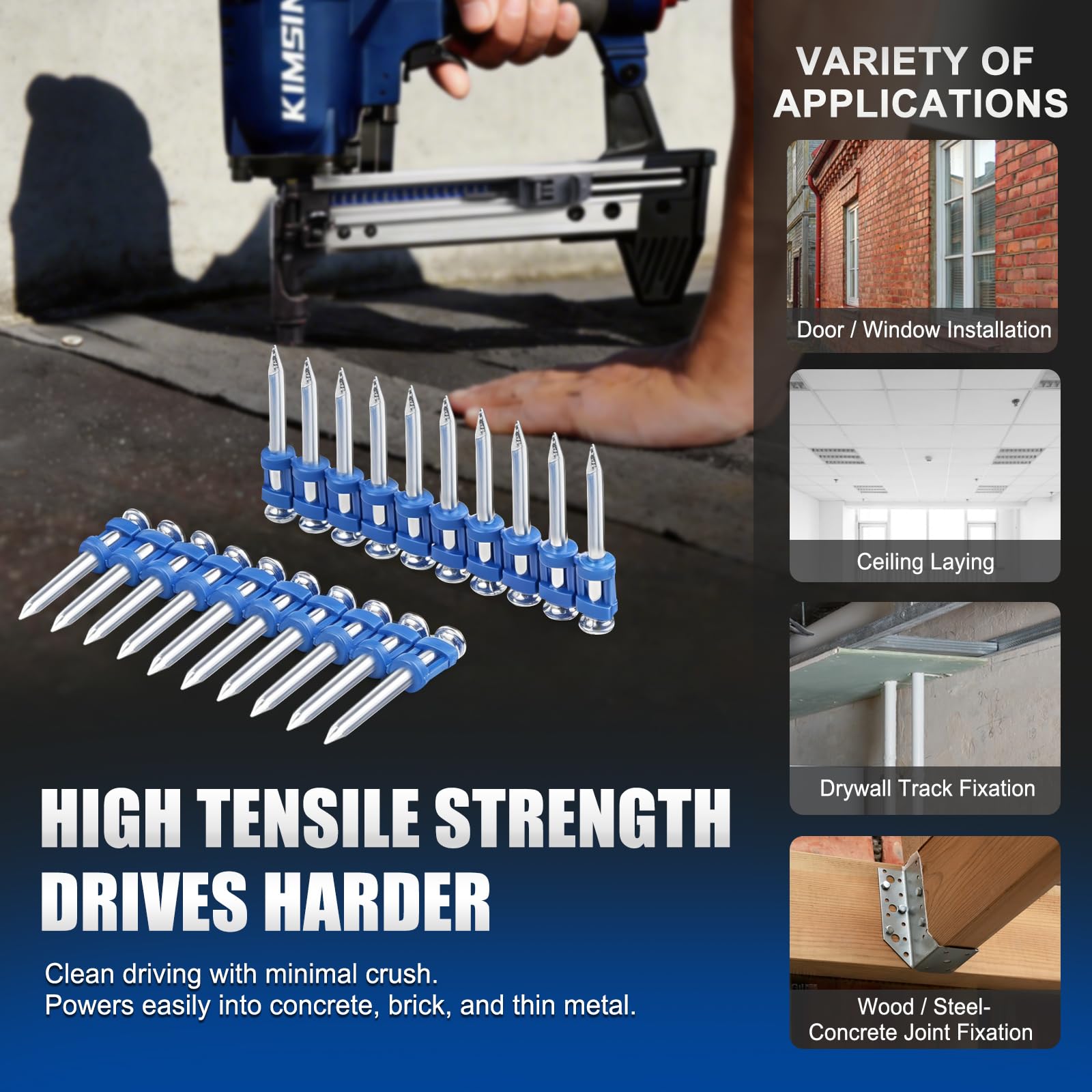 KIMSING MTSD-32 12GA clous pour béton 32mm 1000 pces pour portes | Galvanizado grueso anticorrosión, tira plástica para carga fácil, 32mm, para puertas, ventanas y techos