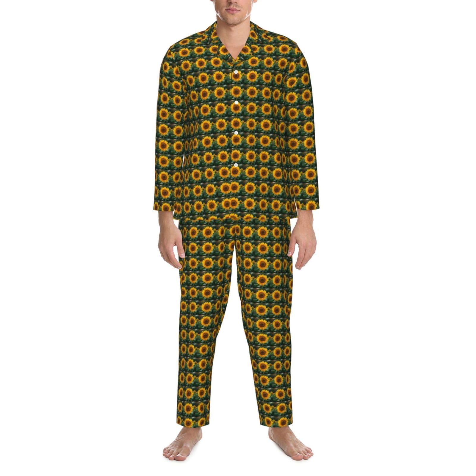 Hermoso conjunto de pijama de manga larga con estampado de girasol para hombre, de dos piezas, transpirable, para el hogar