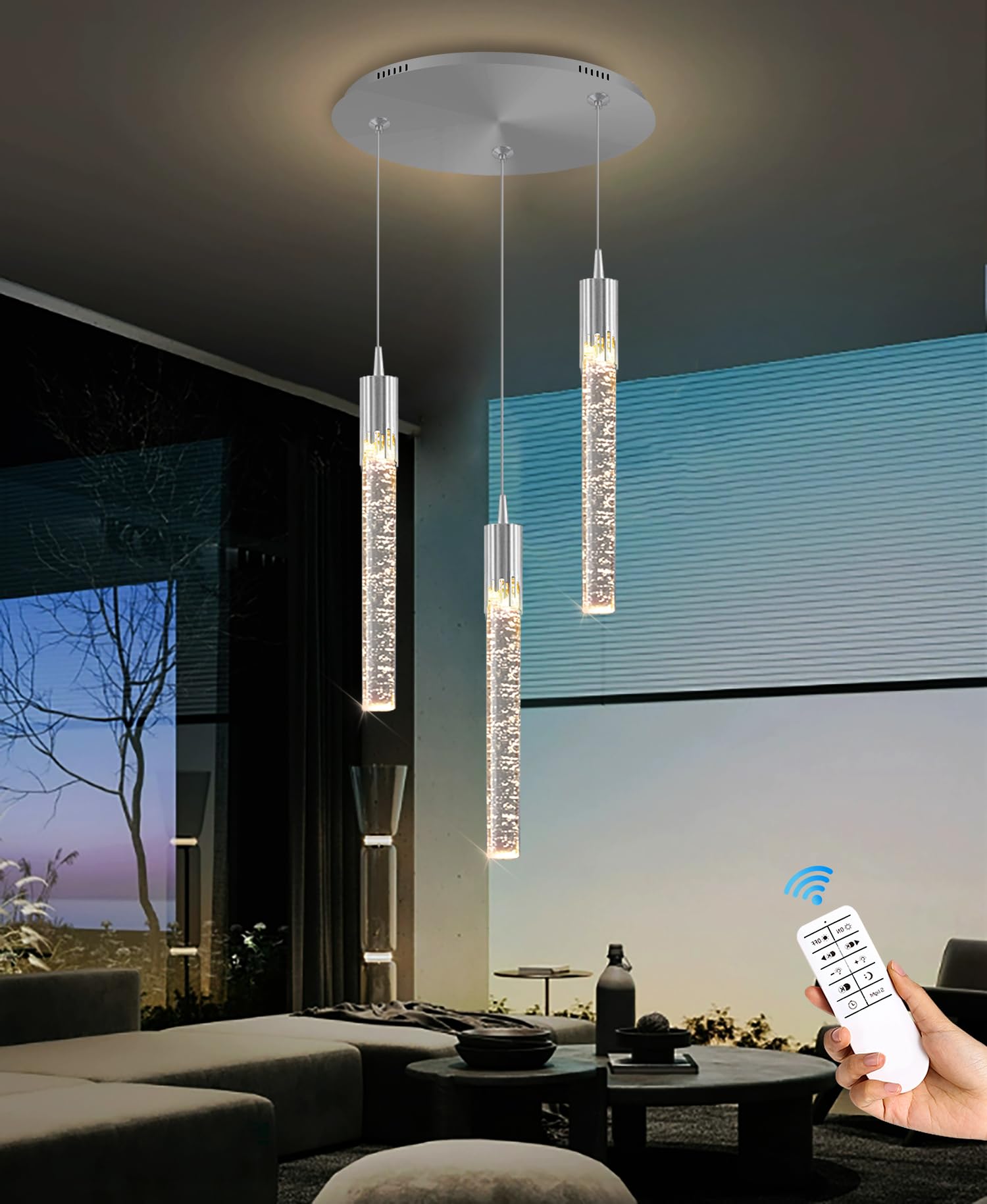 Lámpara de araña LED Mini de Cristal Moderna - Lámpara Colgante Ajustable de 3 Luces para Isla de Cocina, Comedor, Dormitorio, Regulable 2700K-6000K, Acabado Cromado