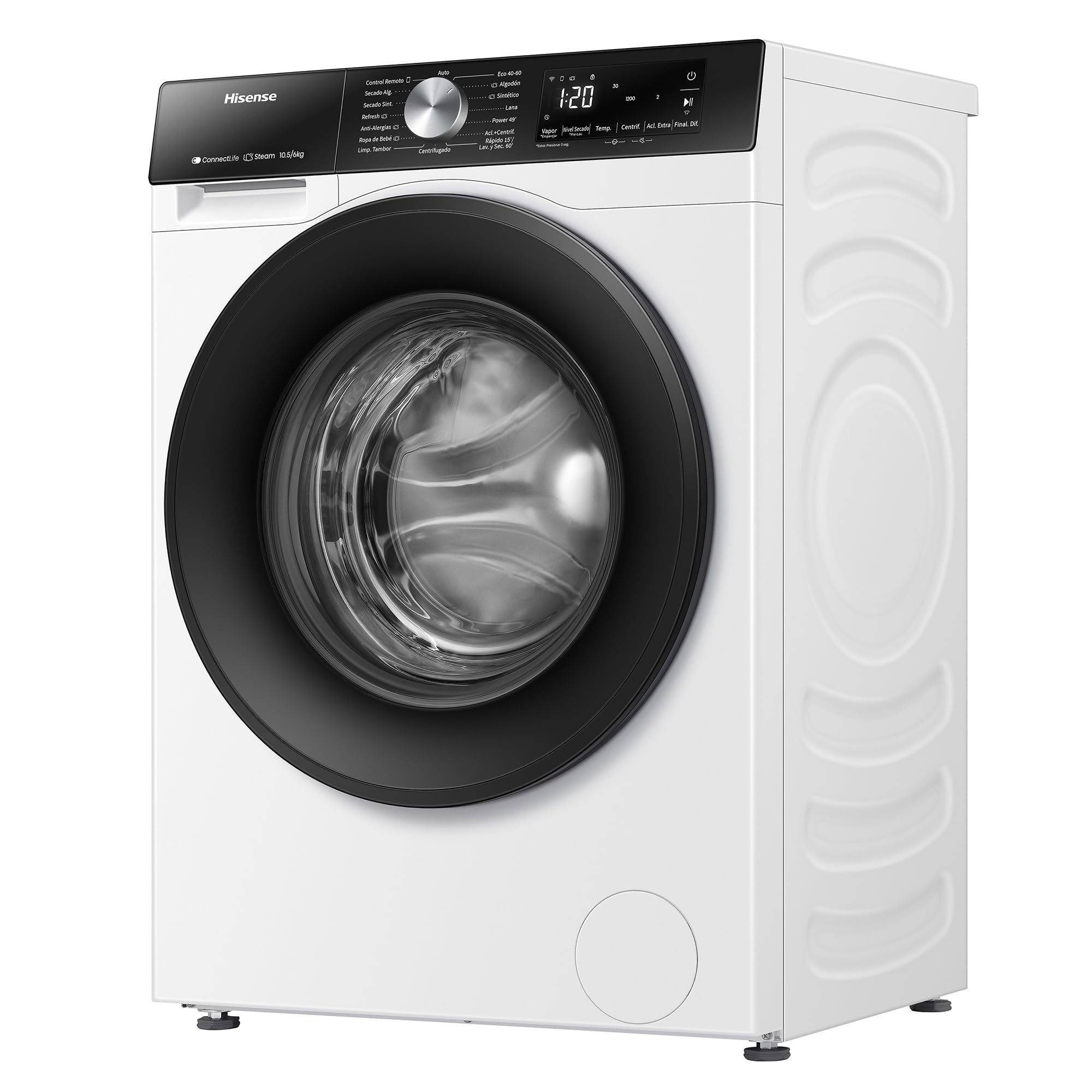 Hisense WD3S1043BW3 - Lavadora Secadora 2 en 1 con Vapor,Clase D/A, Carga Frontal 10.5 kg Lavado, Secadora 6 kg, Conectividad WiFi, Programación Asistida, Monitor de Consumo, Serie 3S, Blanco