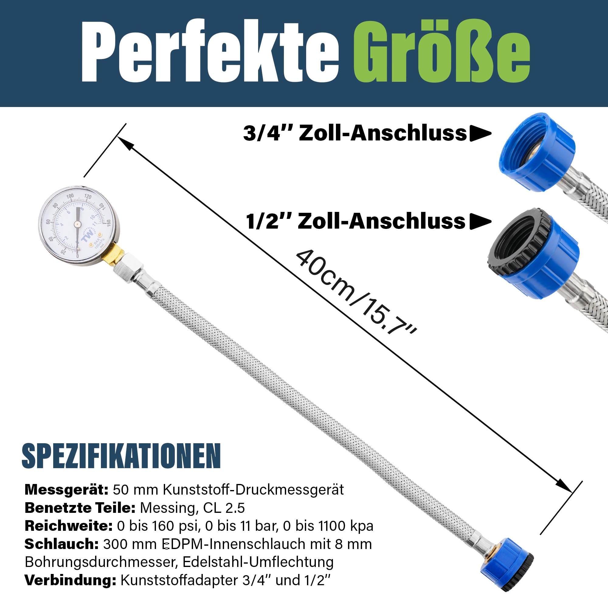 Netzwasser-Manometer - 0-11 Bar / 0-160 PSI - Netzwasserversorgungsdruckmessgerät mit Schlauchhahnanschluss - Sanitärwerkzeug für Haus, Garten & Bewässerungssystem Überwachung