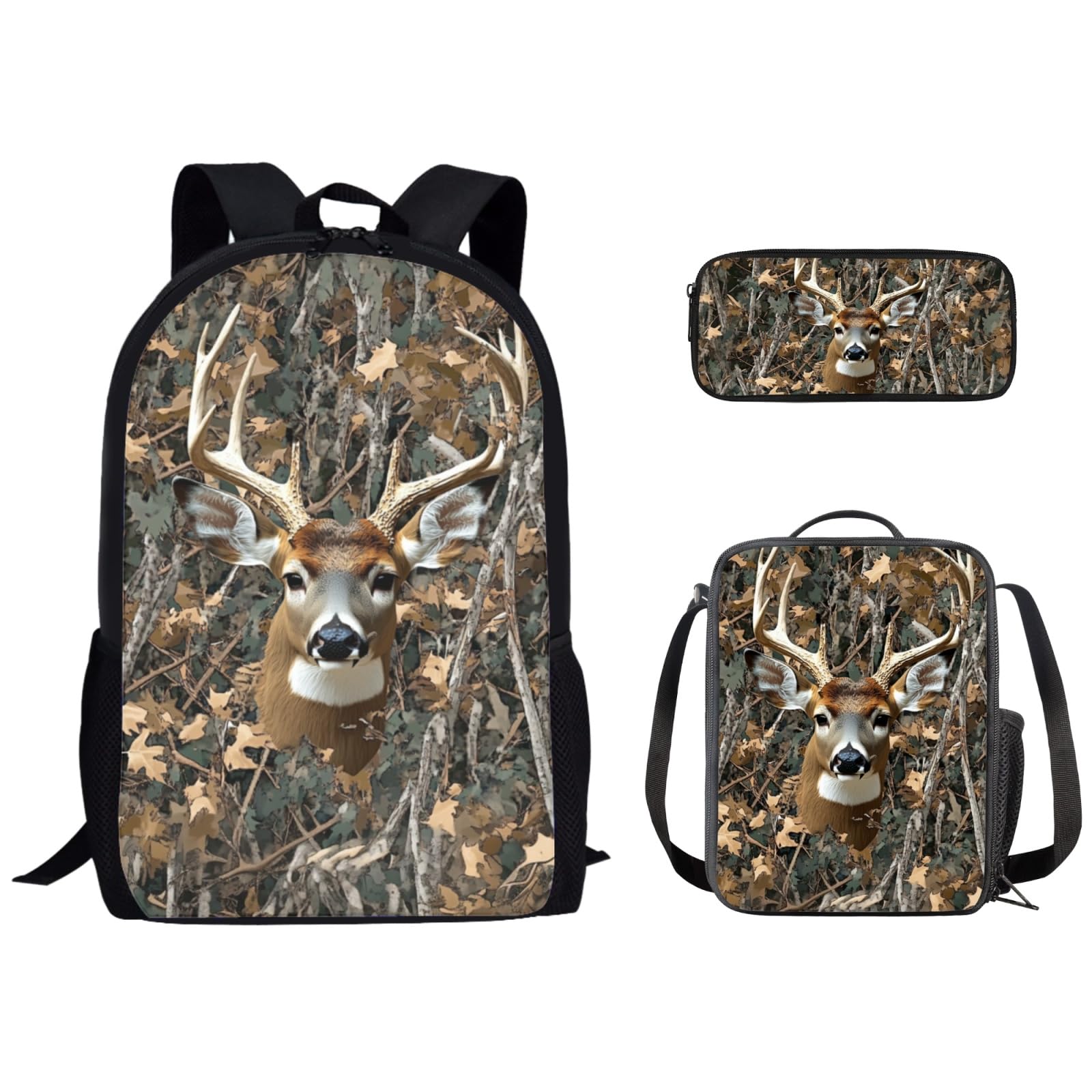 Uourmeti Deer Camo Boys Backpack and Lunchbox Pencil Case Set 3 in 1 Kindergarten Elementary Middle School Bookbags and Lunch Box Set for Teens Kids