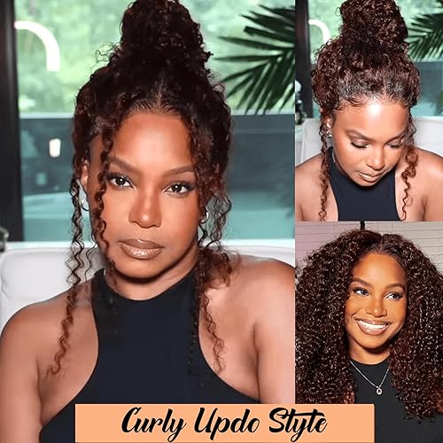 Miniatura 5 de Julia Hair Peluca de cabello humano rizado castaño rojizo 12A, encaje frontal HD de 13 x 4, pelucas rizadas de color rojo Cooper para mujeres