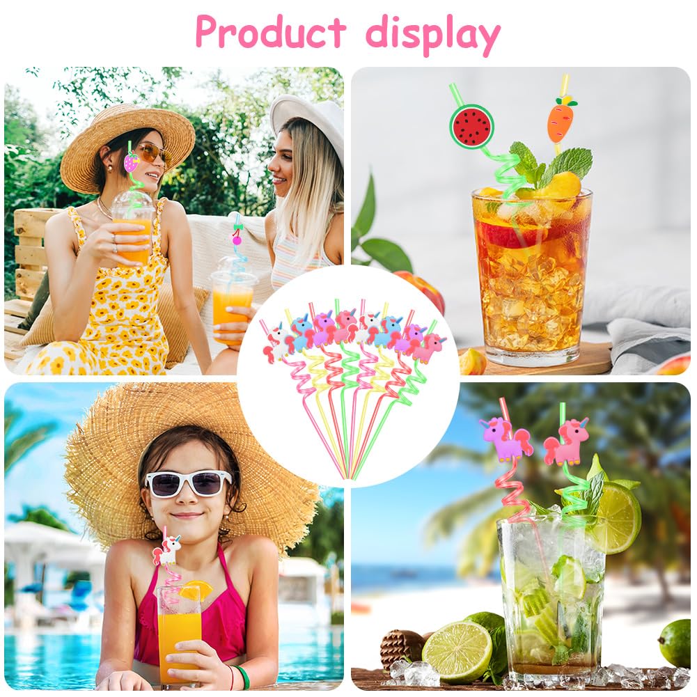 AUAUY Pajitas de plástico, 16 pajitas reutilizables, pajitas de plástico rizadas de unicornio, pajitas de verano para piscina hawaiana para fiestas de cumpleaños, decoración de Navidad, accesorios