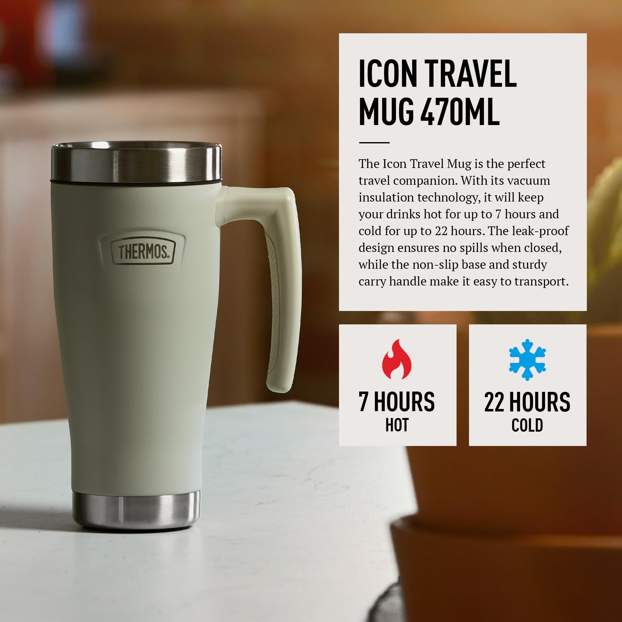 Thermos - Icon Sandstone Tasse de voyage (470 ml), tasse à café isotherme réutilisable en acier inoxydable pour boissons chaudes ou froides, bouteille d'eau scellée sous vide avec un couvercle
