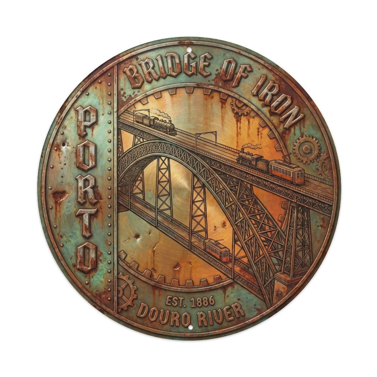 Bridge Industrial Hallway Crossing Metal Tin Sign Plaque Wall Decor for Cafe, Club Bar, Office, Home Garden Round Metal Poster 8x8Inch