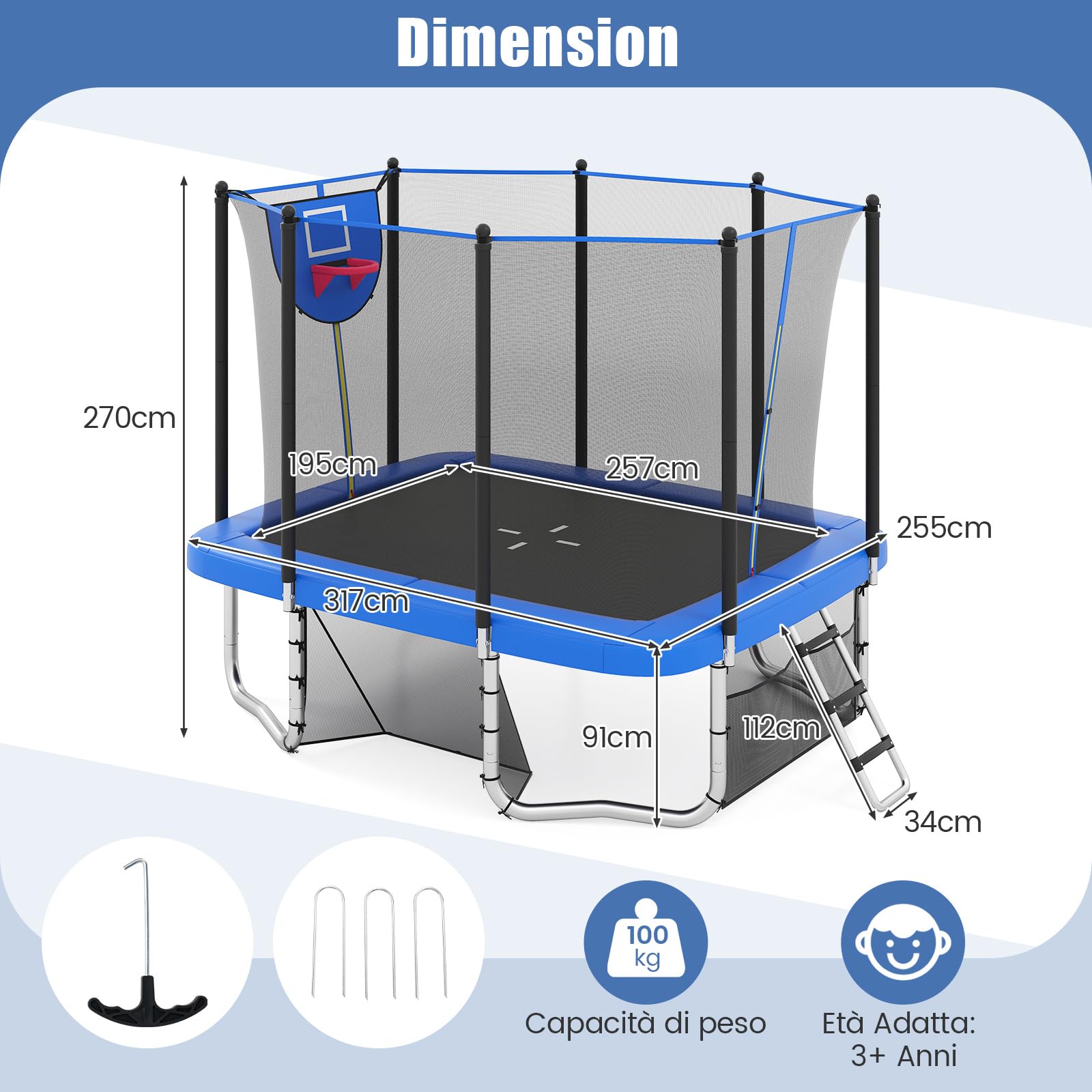 COSTWAY Trampolino da Esterno per Bambini e Adulti 317 x 255 cm, Tappeto Elastico Rettangolare con Canestro da Basket, Porta da Calcio, Scala Antiscivolo, Rete e Telaio in Acciaio