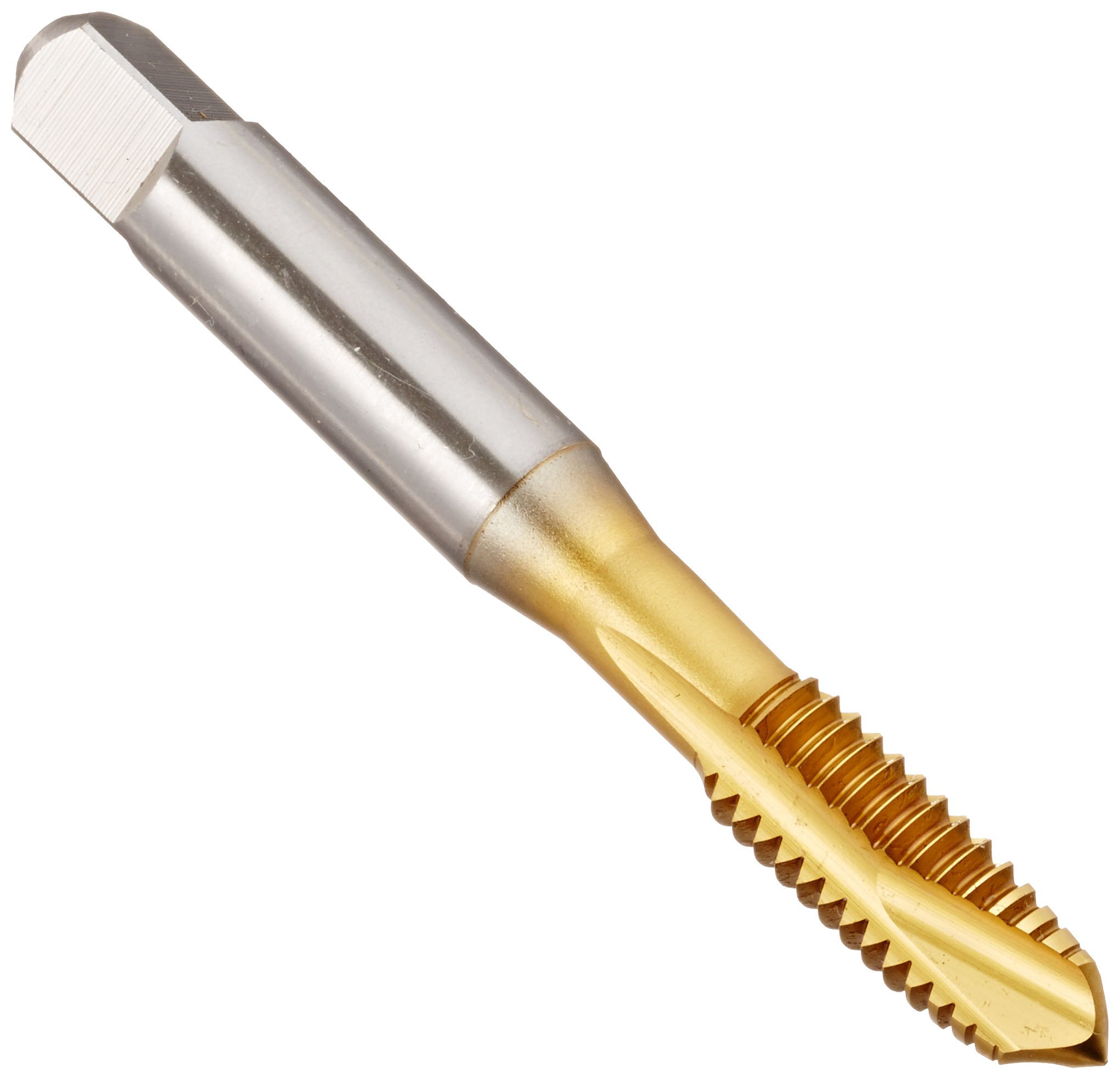 YG-1 I2 Series Vanadium Alloy HSS Spiral Pointed Tap, TiN Coated, Round Shank with Square End, Plug Chamfer, 3/8