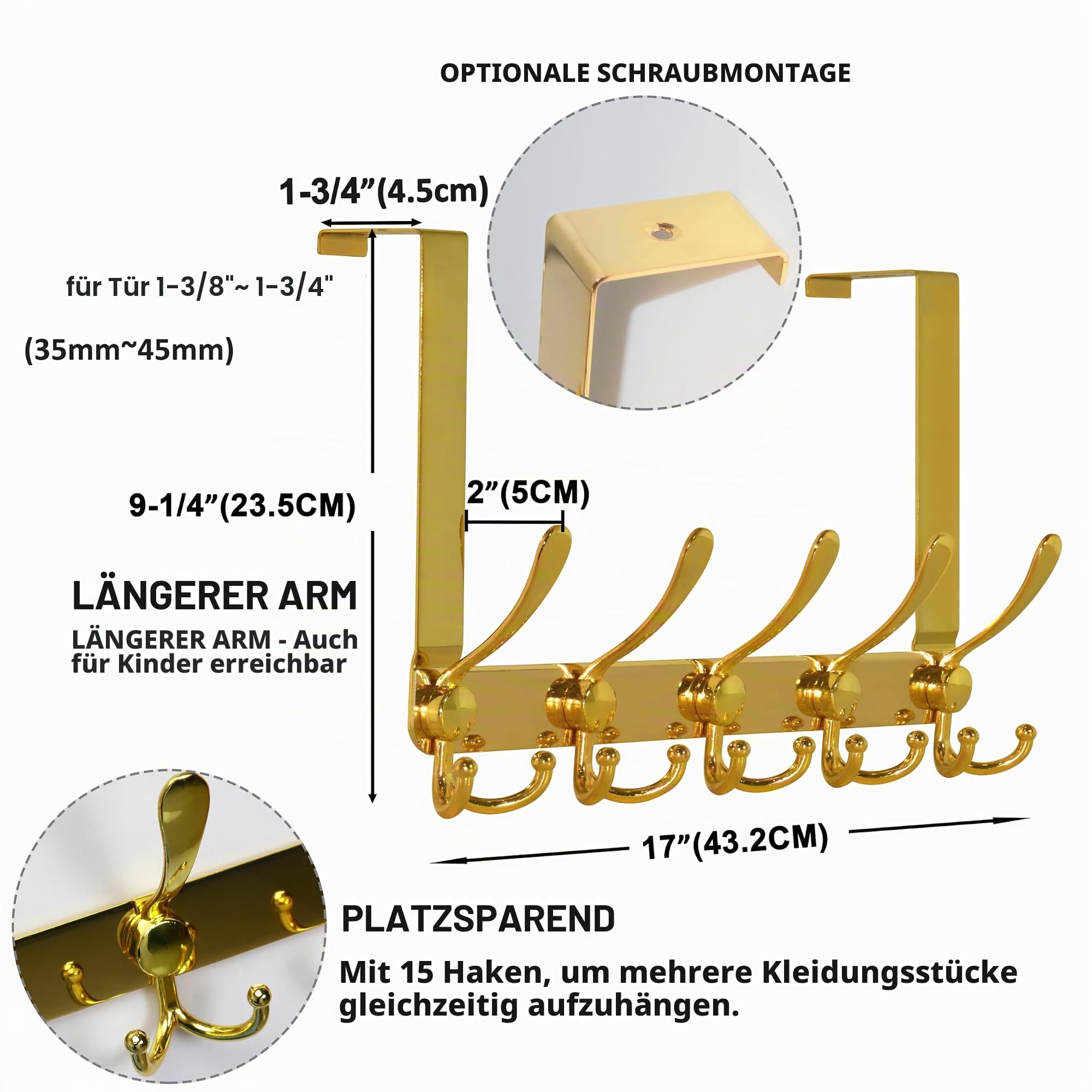 Dseap Türgarderobe zum Einhängen, Edelstahl Türhaken Innenseite, Türhakenleiste, Kleiderhaken Tür, Türaufhänger, für Kleidung Hut Handtuch Mantel, mit 5 Dreifachhaken, Gold