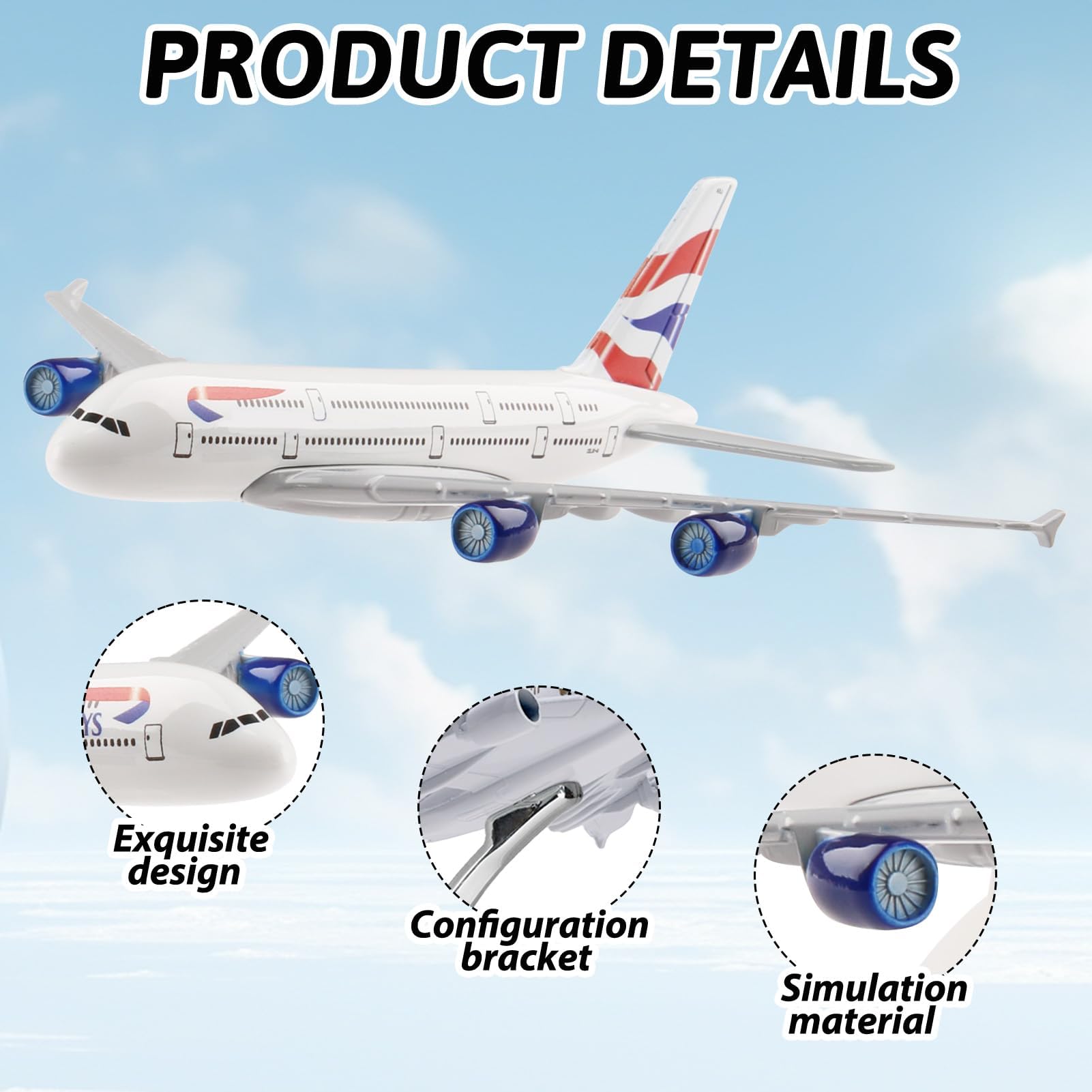 teashow Airbus A380 Model Plane 1/400 16cm Diecast Airplane, British Airways Plane Alloy Metal Aircraft Toys for Children Aviation Enthusiast Table Decoration - Image 3