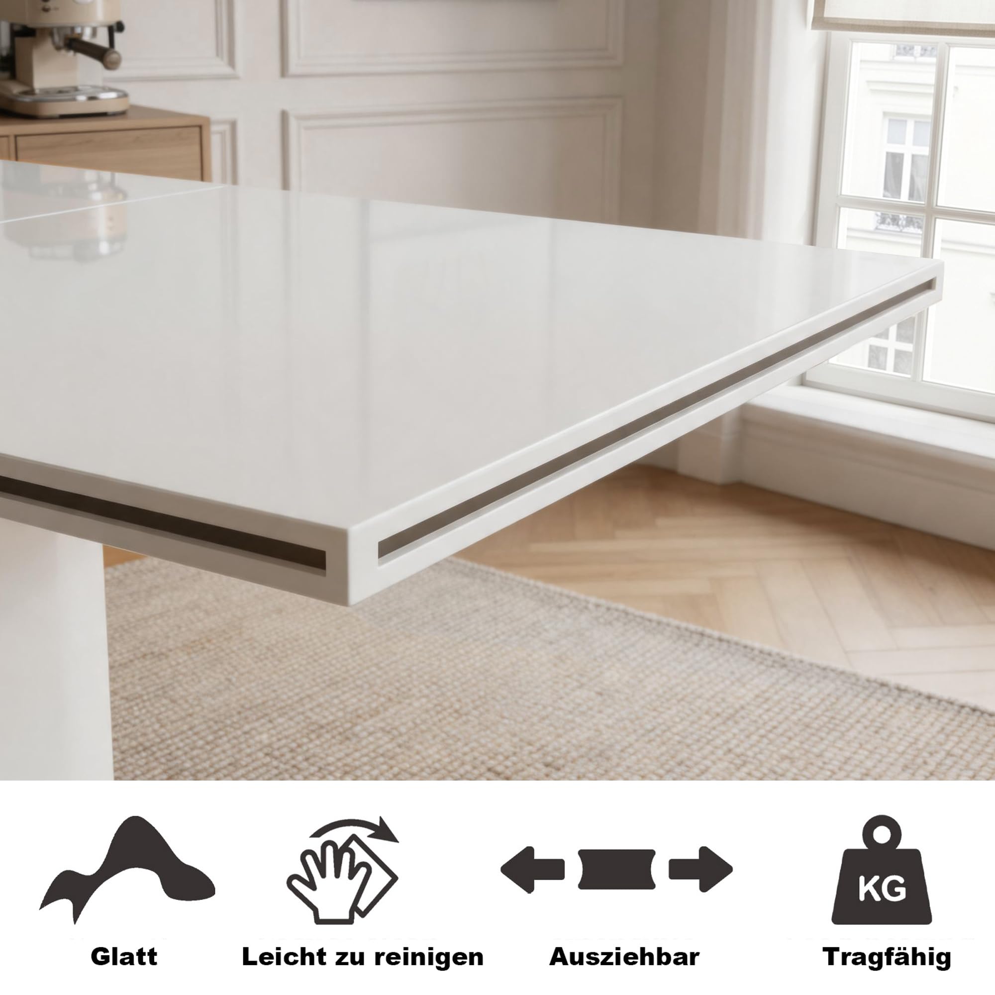 JIEXI Esstisch Ausziehbar, weißer MDF-Tisch 140-180cm für Küche, Esszimmer | Moderne Hochglanz-Tischplatte, stabiles Untergestell, Platz für 6-8 Personen, flexibel für Alltag, Gäste und kleine Räume