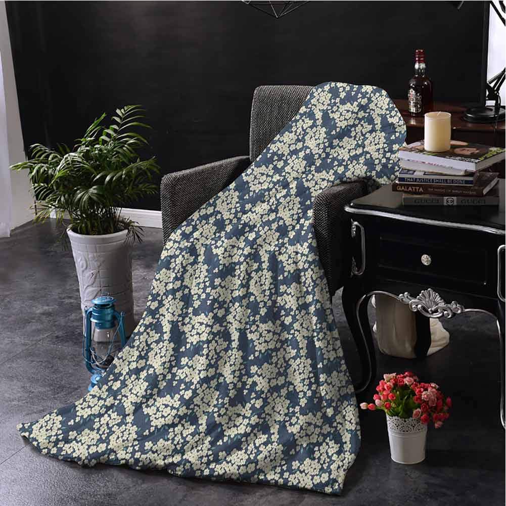 SSKJTC Cotton Blanket Flower Little Wild Flowers in Summertime Meadow Seasonal Nature Stylized Artwork Night Blue Cream Bed Sleeping Travel Pets Reading W54 xL72