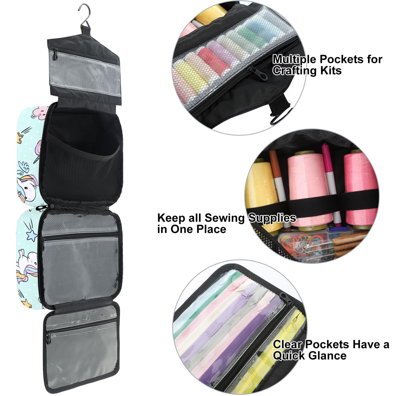 YNNALE Sewing Supply Organizer Bag, Unicorn Light Green Cute Portable Sewing Bags with Pockets&Hanger, Sewing Storage Box Case for Sew Supplies/Kit/Tools/Accessories (BAG ONLY)